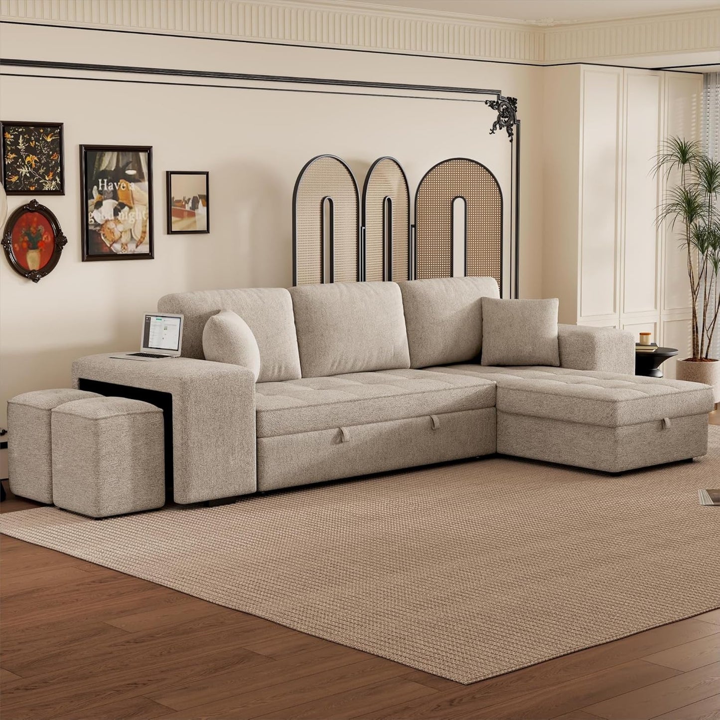 Ball & Cast 104" L-Shape Sectional Sofa with Storage Chaise and 2 Stools,Pull-Out Bed,3-Seat Chenille Reversible Couch w/Storage Armrest,for Living Room,Apartment,Cream