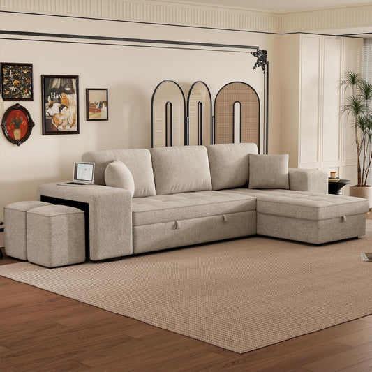 Ball & Cast 104" L-Shape Sectional Sofa with Storage Chaise and 2 Stools,Pull-Out Bed,3-Seat Chenille Reversible Couch w/Storage Armrest,for Living Room,Apartment,Cream