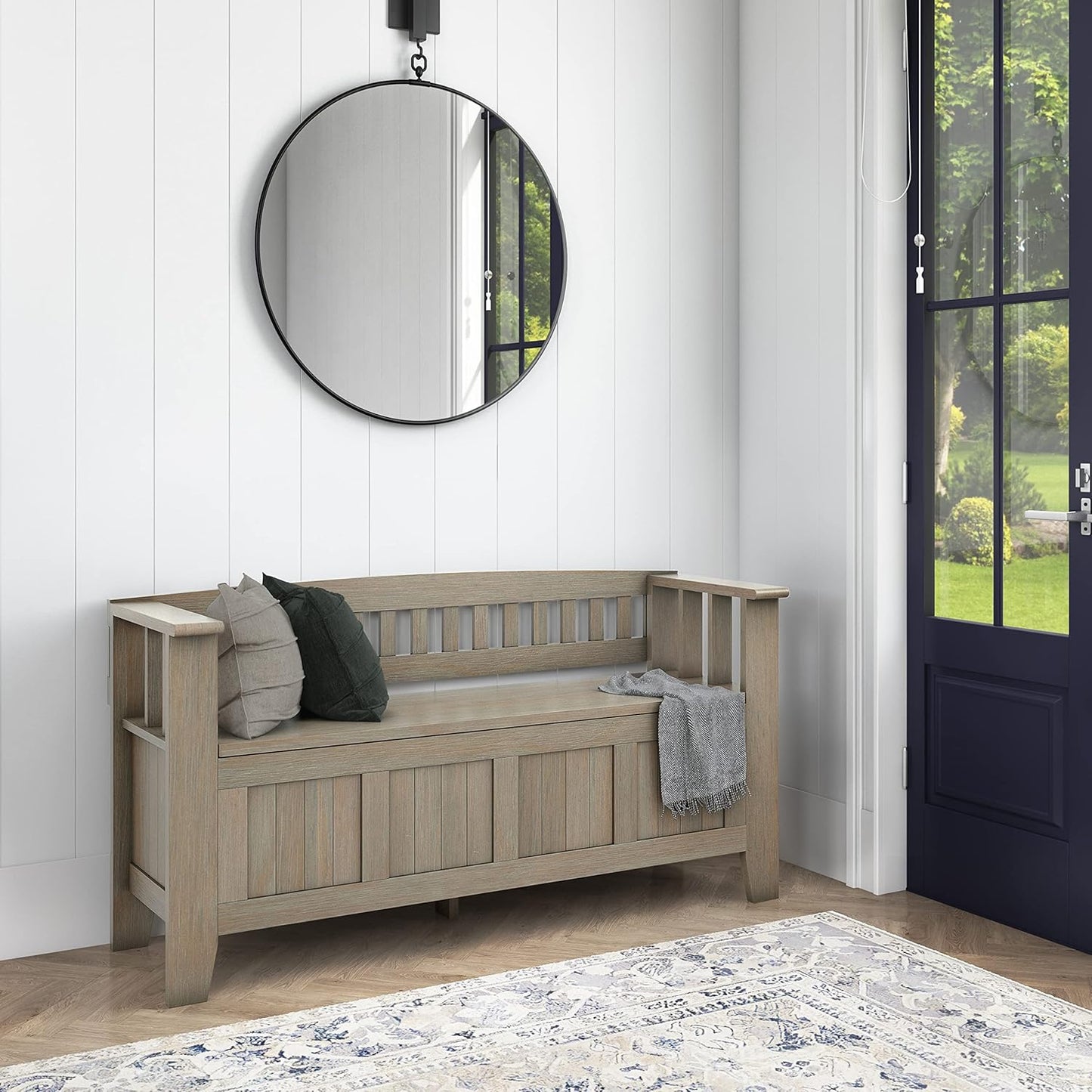 SIMPLIHOME Acadian Entryway Storage Bench - 48 inch Wide Solid Wood Hallway Seat in Distressed Grey, Transitional Bench for Entryway or Living Room with Lift-Up Lid and Spacious Storage
