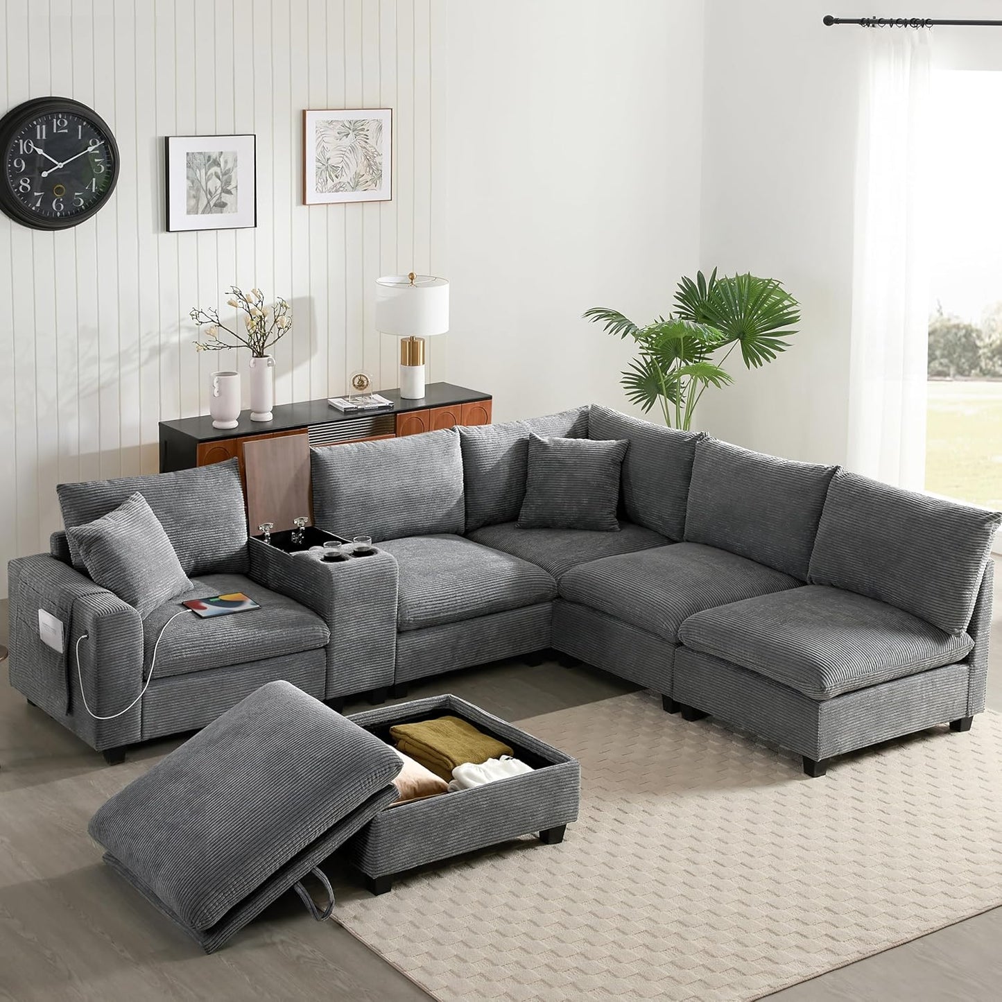 Merax 140'' Oversized Modular Sectional Sofa with Storage Ottoman and Console, Removable Storage Pockets, Cup Holder, Wide Seat, USB Charger, 6 Seat U Shaped Chenille Couch Set for Living Room, Gray