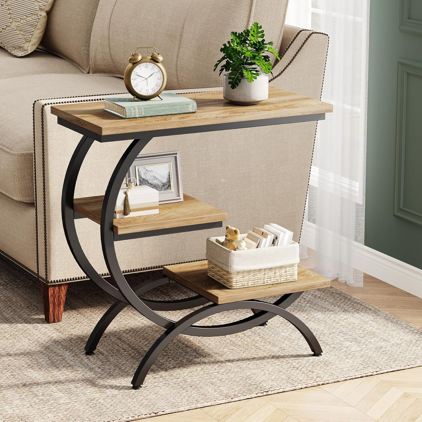Tribesigns C-Shaped End Table, Industrial 3-Tier Small Side Table for Couch, Wood Bedside Table Snack Side Table with Storage Shelves for Living Room Small Space, Light Brown