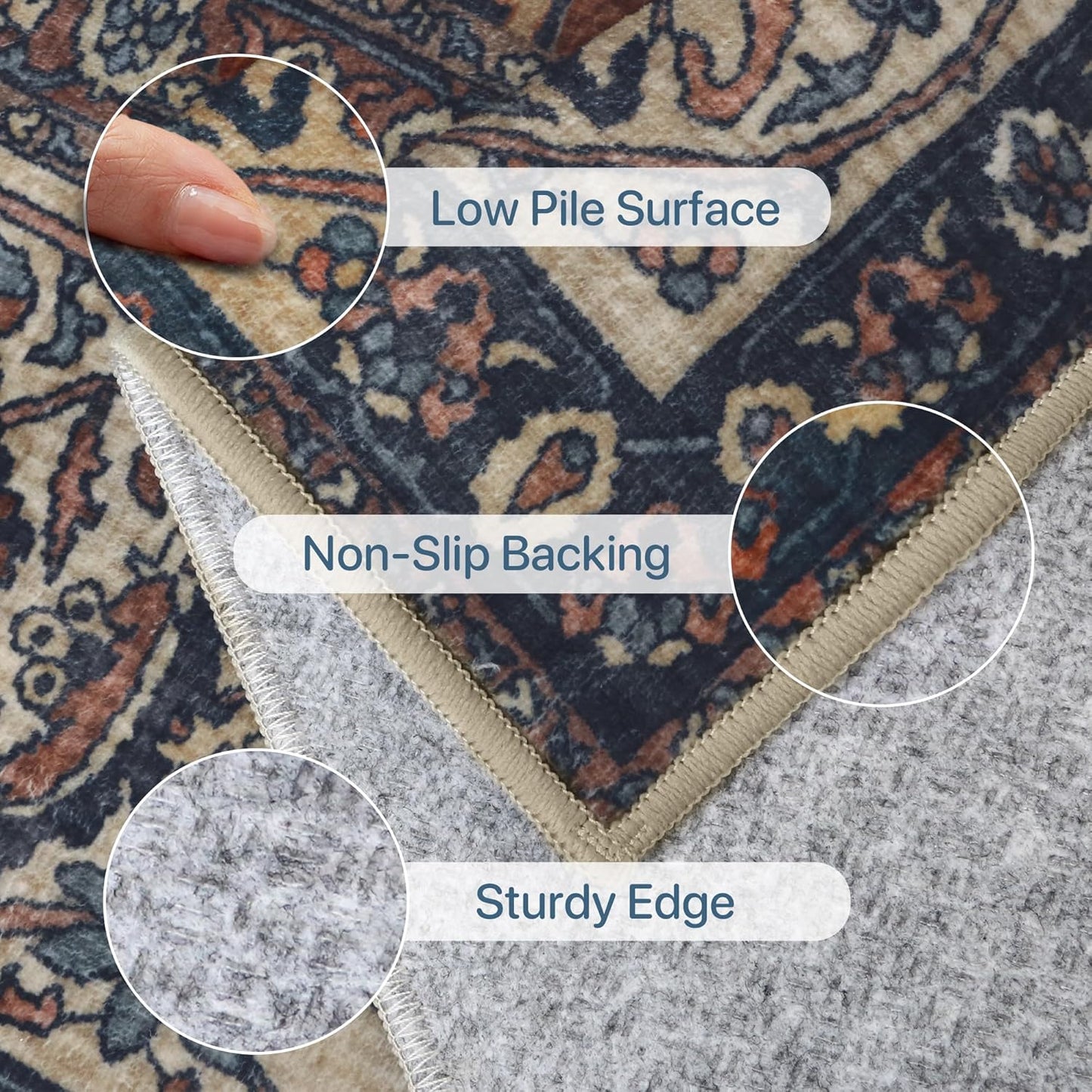 8X10 Area Rugs Machine Washable Rugs for Living Room, Vintage Boho Large Rugs for Bedroom Dining Room, Non Slip Indoor Soft Distressed Lightweight Thin Low Pile Carpet, Navy Tan