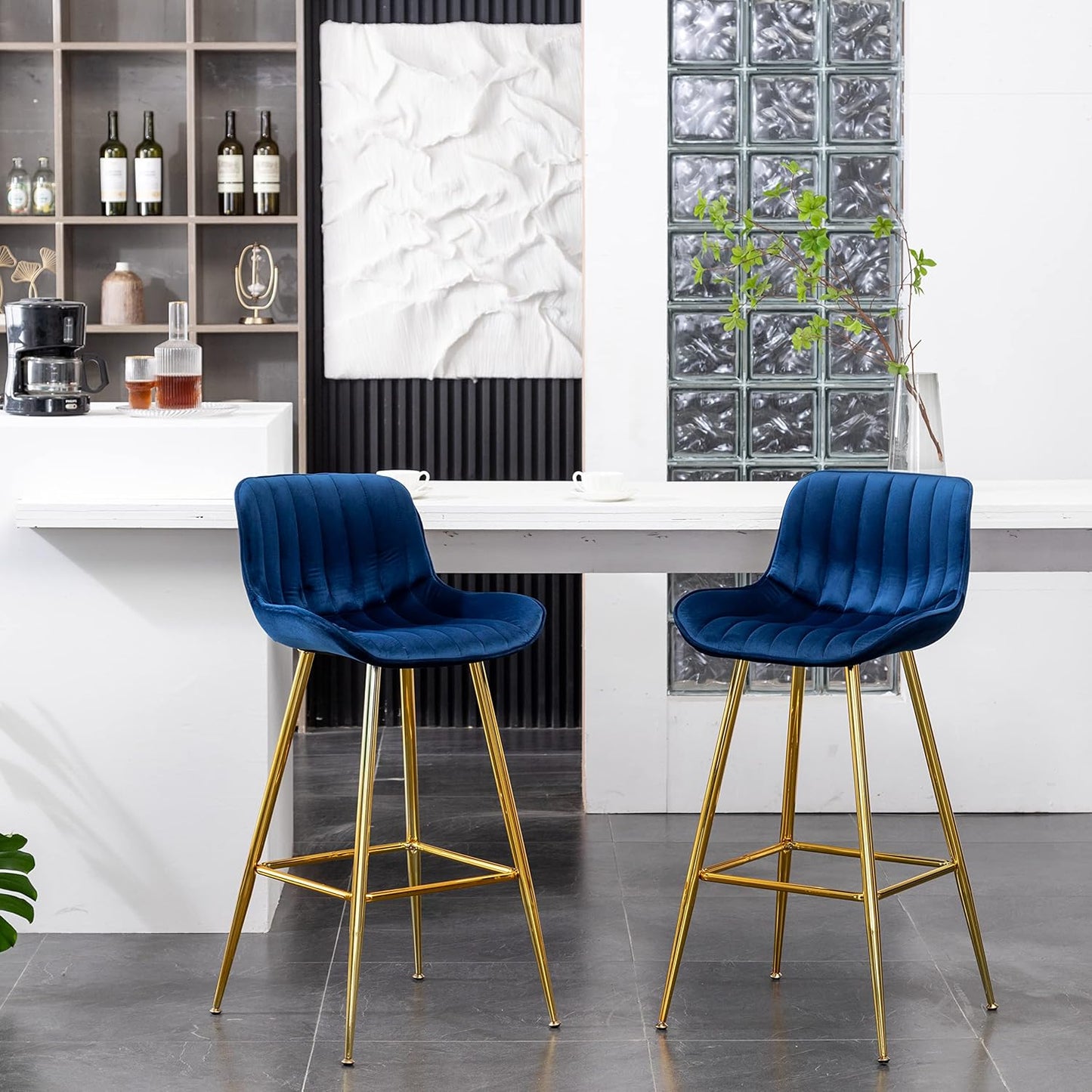 Sidanli Velvet Blue Bar Stools, 29 Inch Upholstered Island Stools with Footrests, Gold Bar Chairs for Home, Kitchen Island, Dining Room