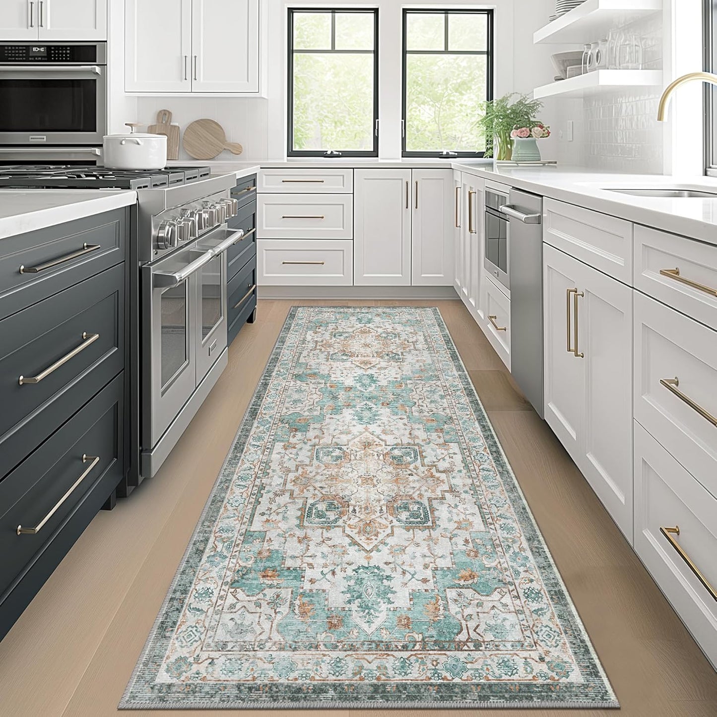 GENIMO 2x7 Runner Rugs for Hallway, Machine Washable Non Slip Vintage Rugs, Low Pile Lightweight Soft Print Rug for enrtyway, Corridor, Home Office, Kitchen, Cyan