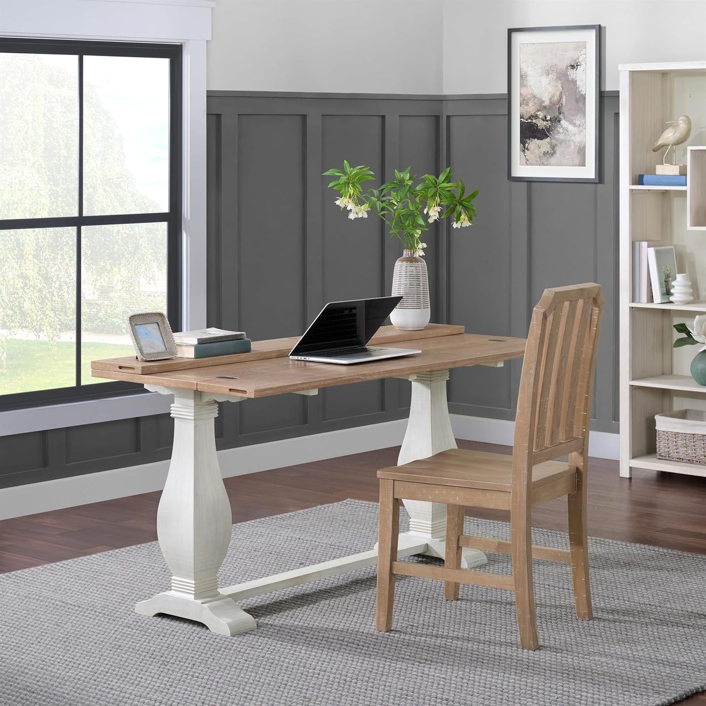 Martin Svensson Home Napa Solid Wood Pedestal Flip-Top Sofa Console Table, White and Driftwood