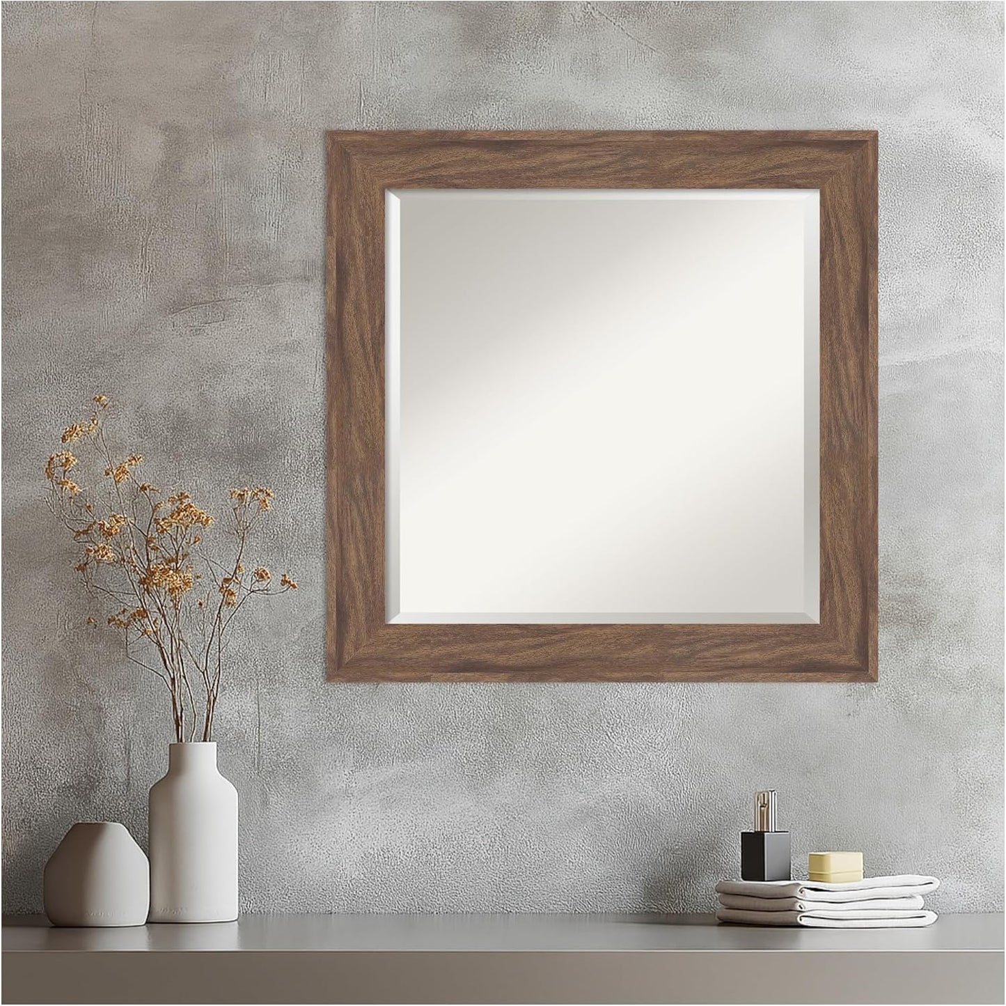 Amanti Art Brown Wall Mirror 25x25 Pia Medium Brown Square Bathroom Mirror for Wall Decor Living Room, Medium Casual Frame, Hangs Horizonally and Vertically, Bathroom Decor, Beveled Edge