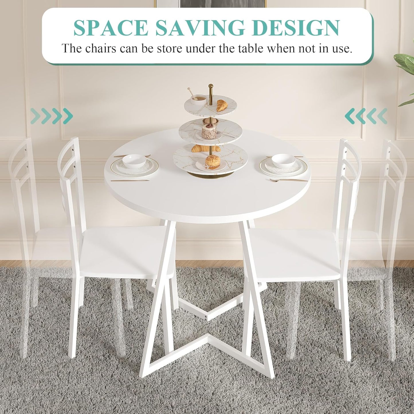 VECELO Small Round Dining Table Set for 2, Wood Tabletop with Strong Metal Frame, Modern Dinette with Chairs for Kitchen, Breakfast Nook Living Room, Pure White