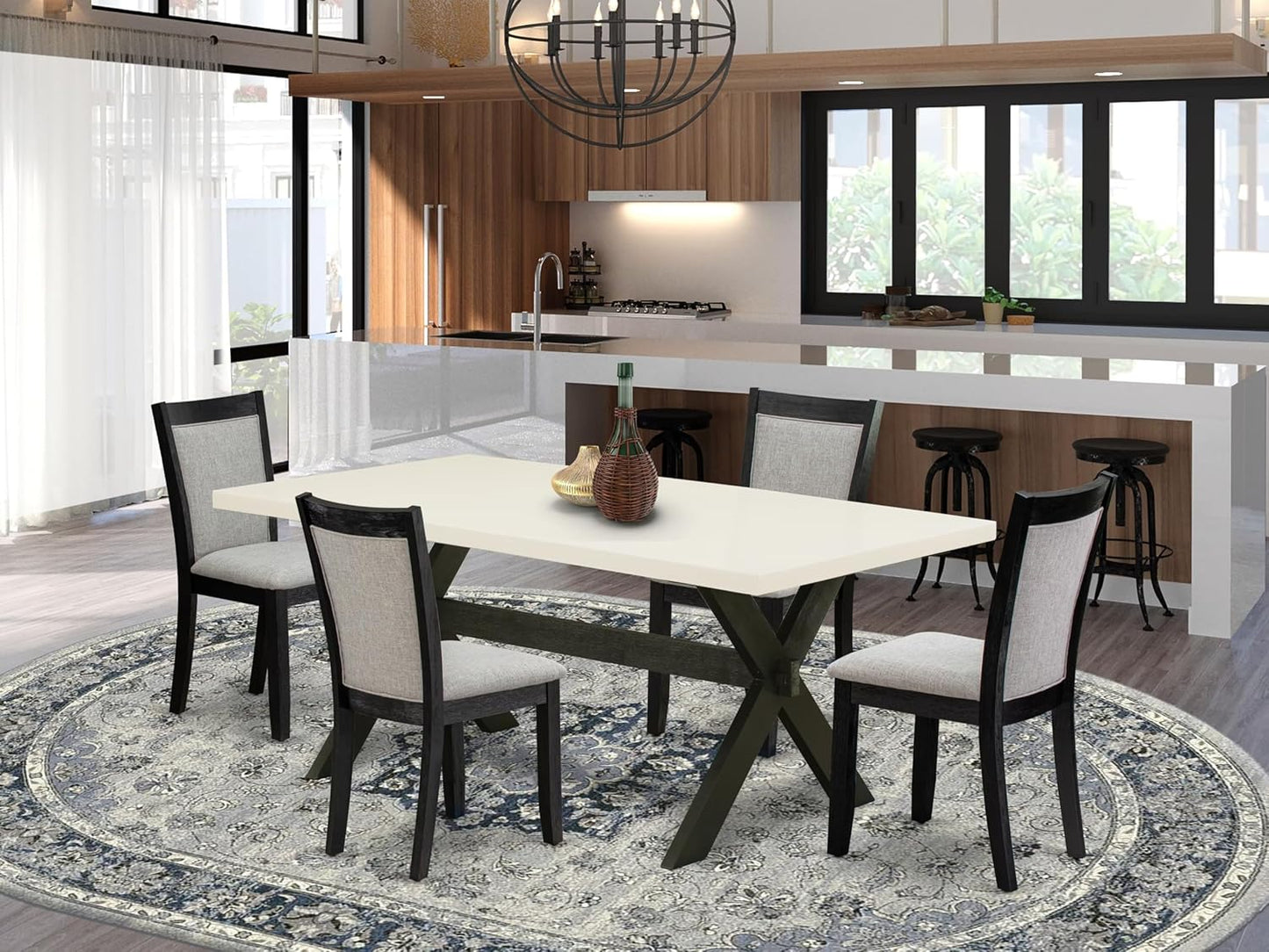 East West Furniture X627MZ606-5 5 Piece Dining Room Table Set Includes a Rectangle Kitchen Table with X-Legs and 4 Shitake Linen Fabric Parsons Dining Chairs, 40x72 Inch, Multi-Color