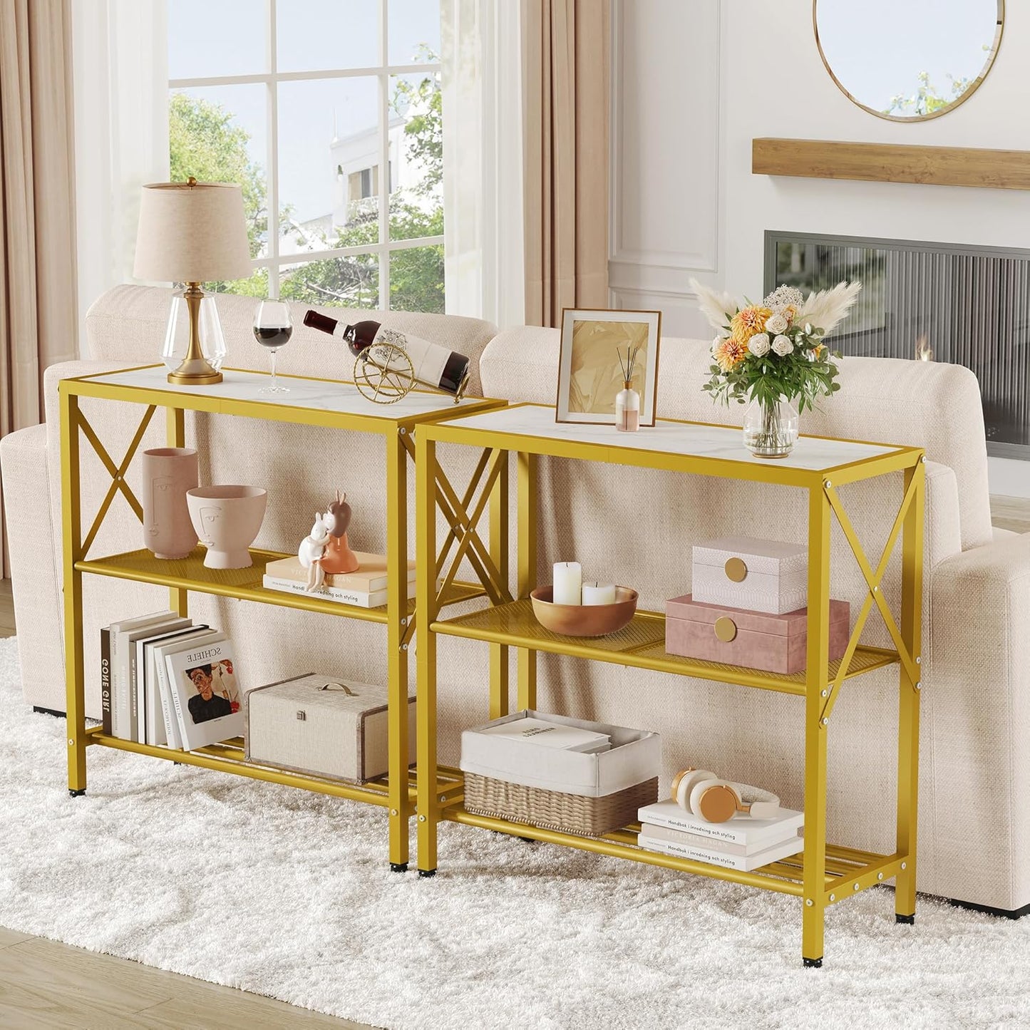 Hoctieon Industrial Console Table, 3 Tier Entryway Table, Metal Frame, Sofa Tables with Shelf, Hallway Desk, Entrance Tables for Entryway, Living Room, Foyer, Hallway, Gold and White