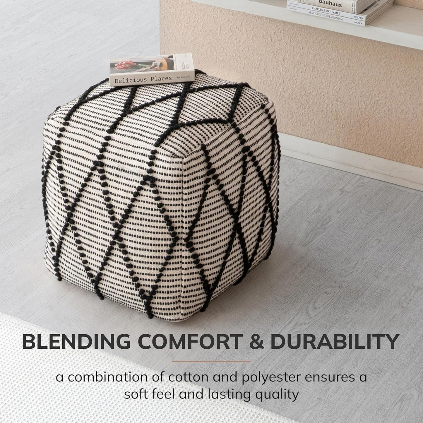 Anji Mountain 100% Handmade & Handcrafted Comfortable Home Décor Pouf Ottoman Footrest for Living Room, Bedroom, Nursery, Kidsroom, Patio Furniture - (19" x 19" x 17"- Black,White)