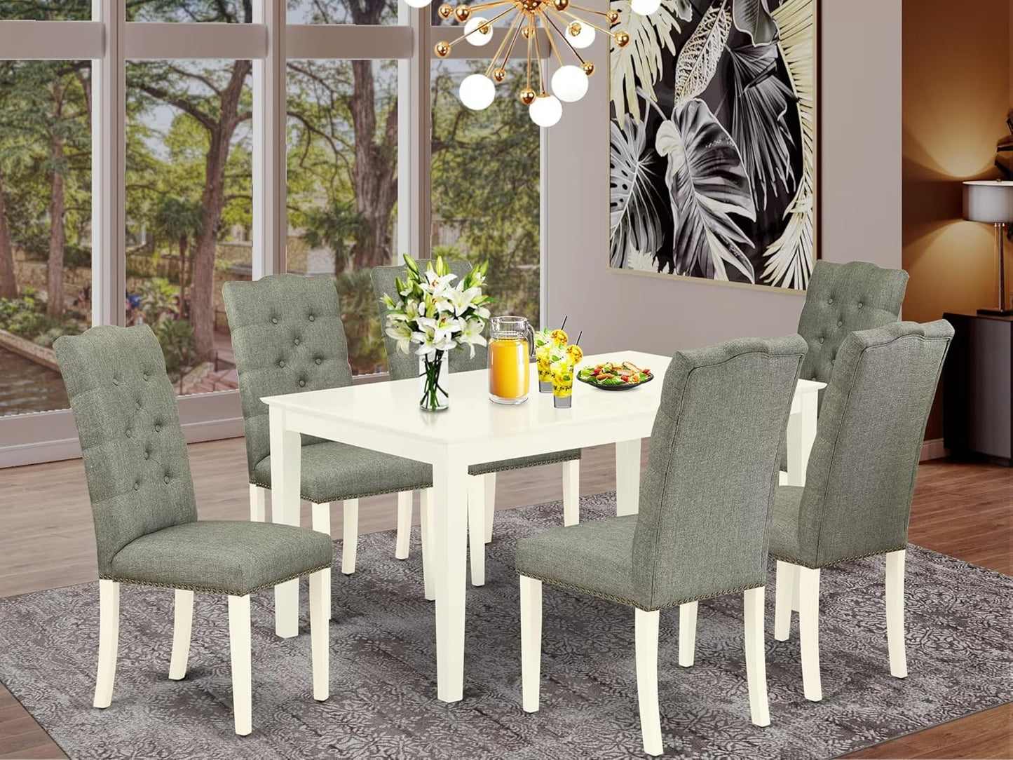 East West Furniture CAEL7-LWH-07 7 Piece Modern Dining Table Set Consist of a Rectangle Wooden Table and 6 Gray Linen Fabric Upholstered Chairs, 36x60 Inch, Linen White