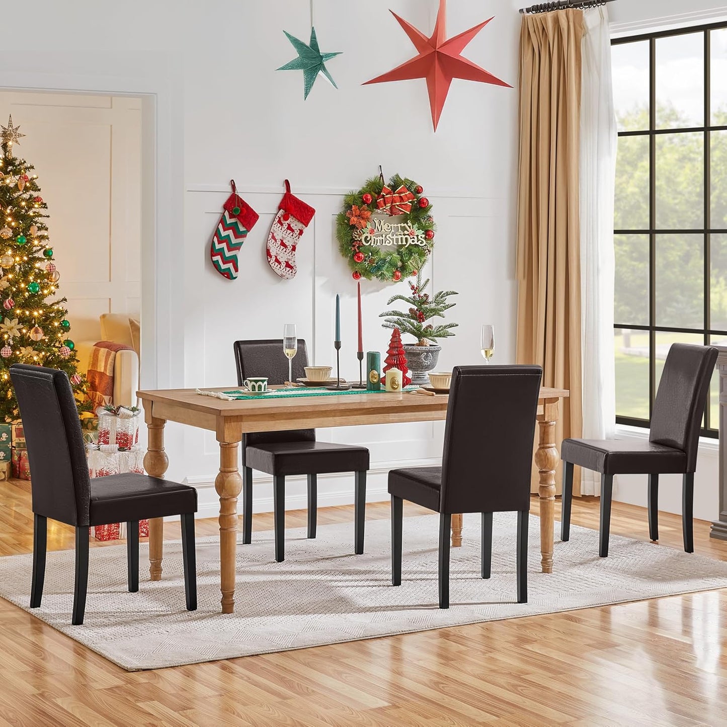 Yaheetech Dining Chairs Set of 4 PU Leather Dining Room Chairs with Waterproof Surface and Wood Legs for Kitchen Restaurant and Living Room, Dark Brown