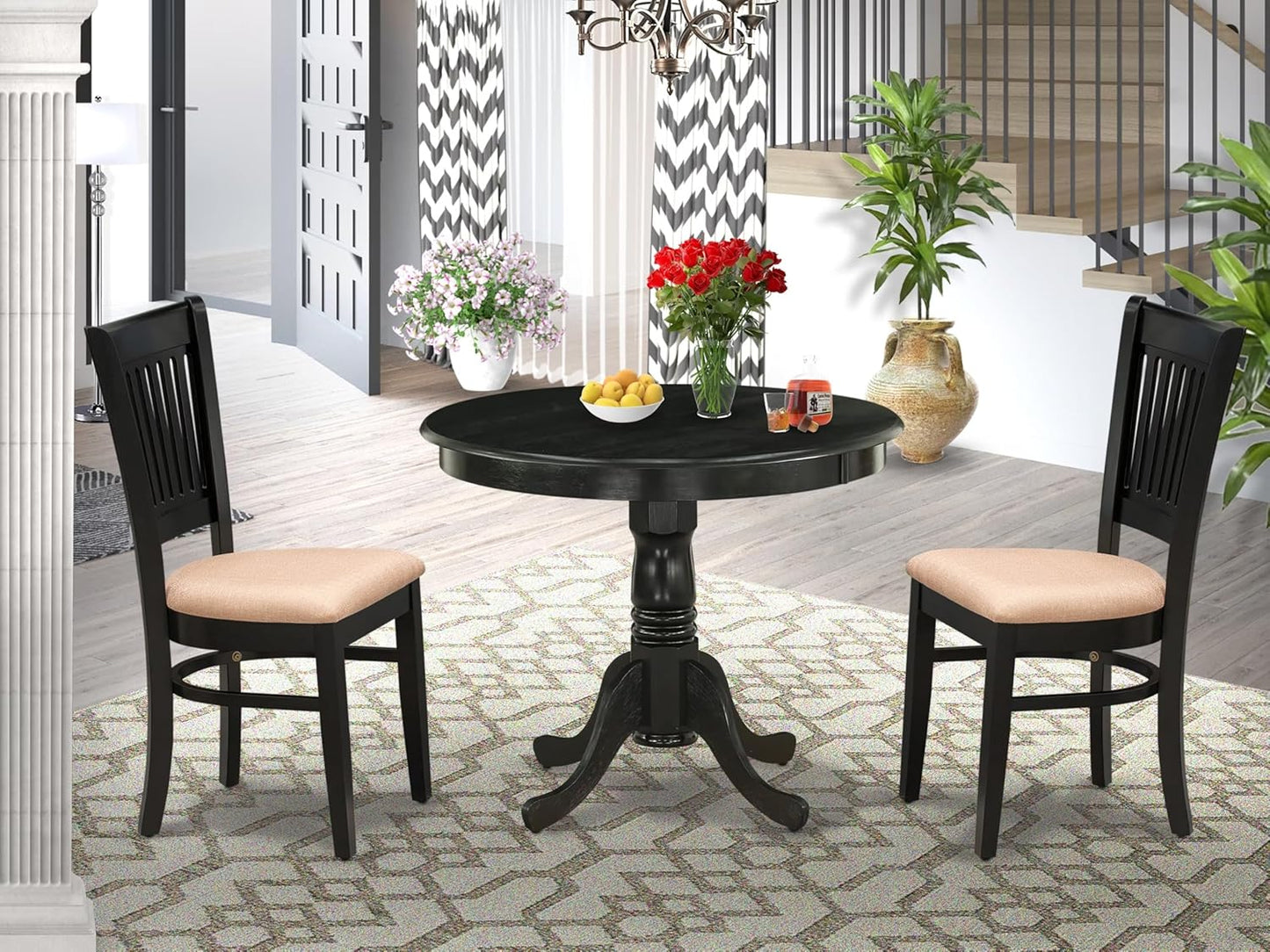 East West Furniture ANVA3-BLK-C 3 Piece Modern Dining Table Set Contains a Round Kitchen Table with Pedestal and 2 Linen Fabric Dining Room Chairs, 36x36 Inch, Black