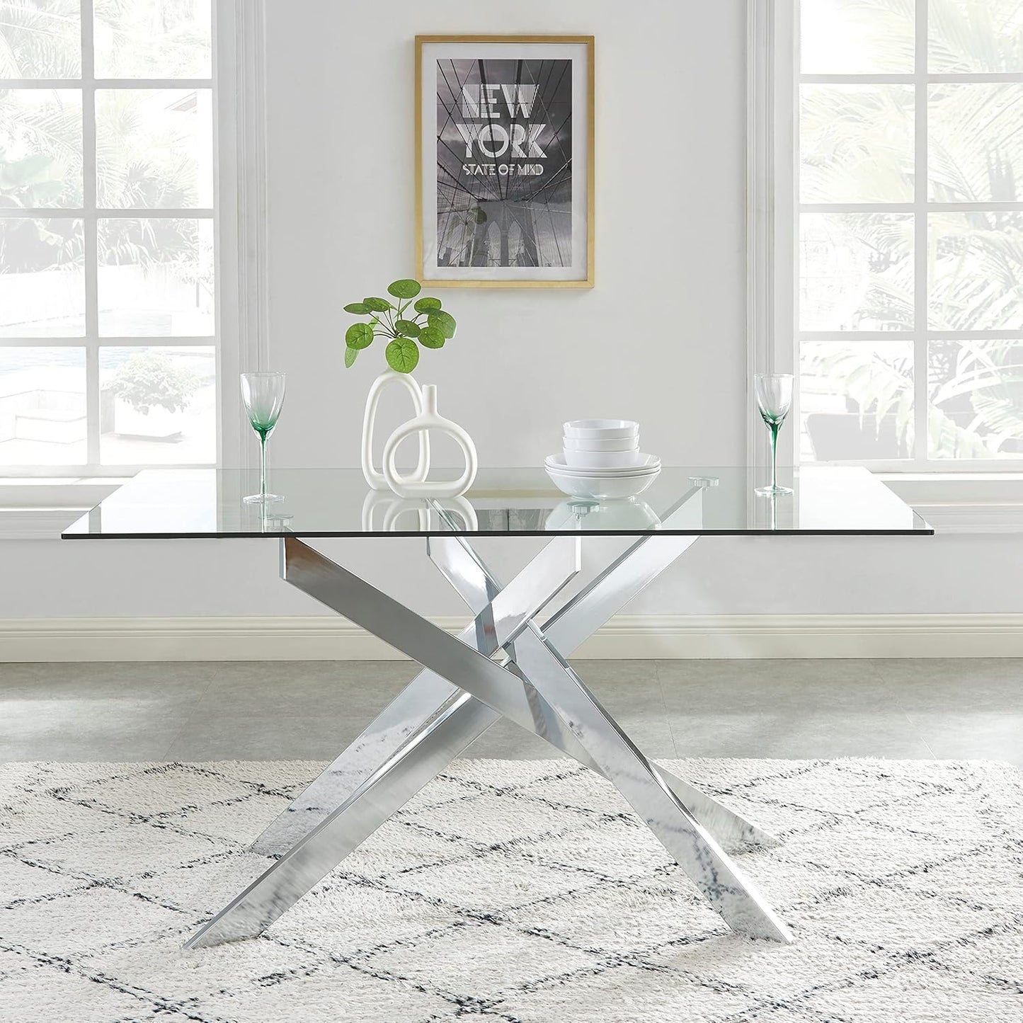 Edwin's Choice 58.5” Rectangle Glass Dining Table, Tempered Glass Tabletop and Metal Tubular Legs, Modern Style Table for Home, Kitchen, Dining Room 58.5”Lx29”Wx30”H, Silver