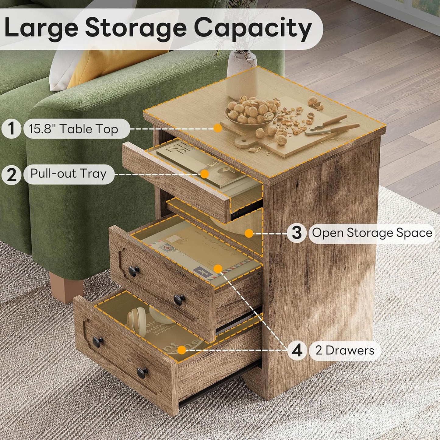 LIKIMIO Night Stand, Modern Bedside Table with 2 Drawers, Open Shelf, End Table with Pull-Out Tray, Wood SideTable, Grey Oak