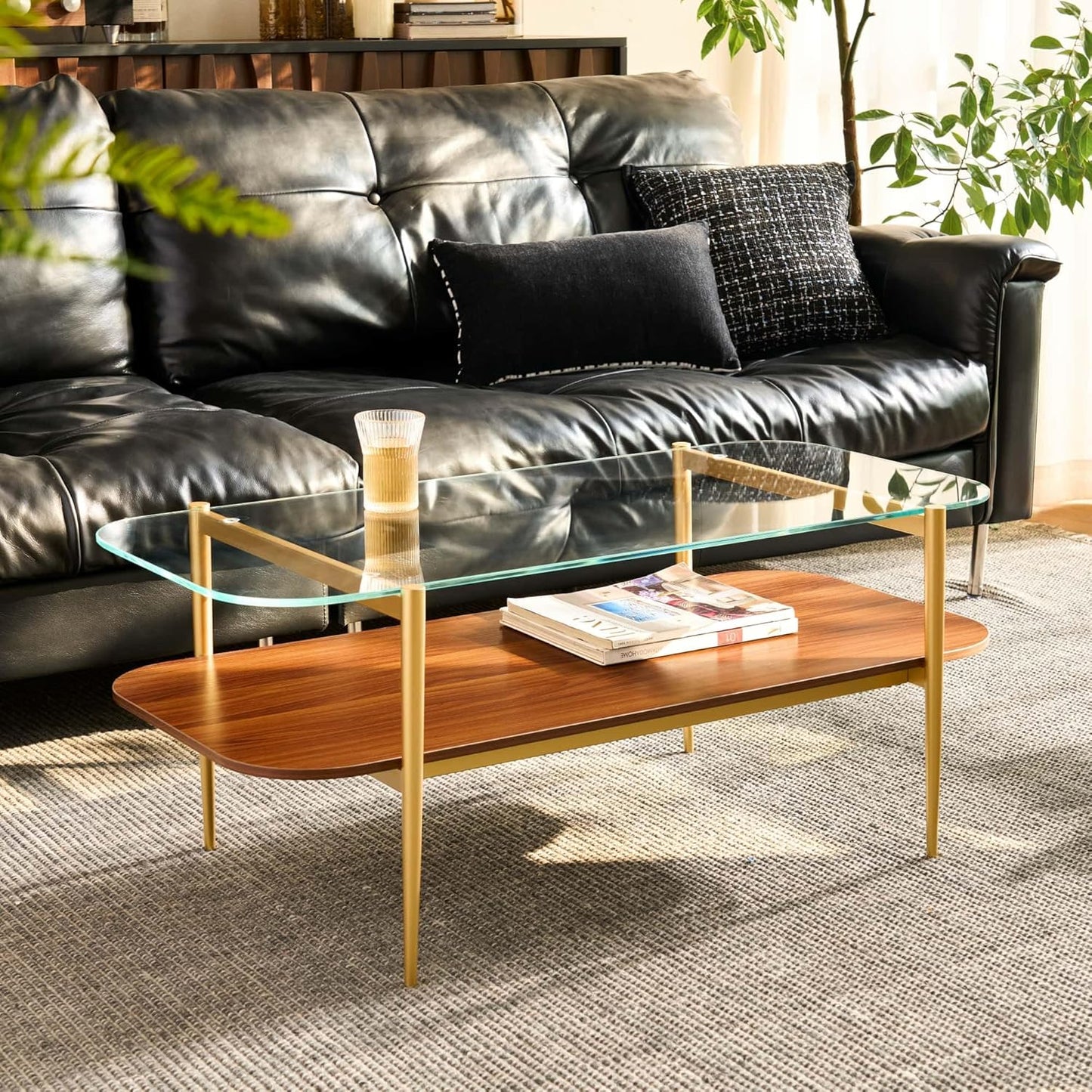 AGV LIGHTING Tadio Glass Coffee Table, Mid-Century Modern Coffee Table for Living Room, Gold Finish Leg, Clear Glass Top & Walnut Brown Shelf, Rounded Corners