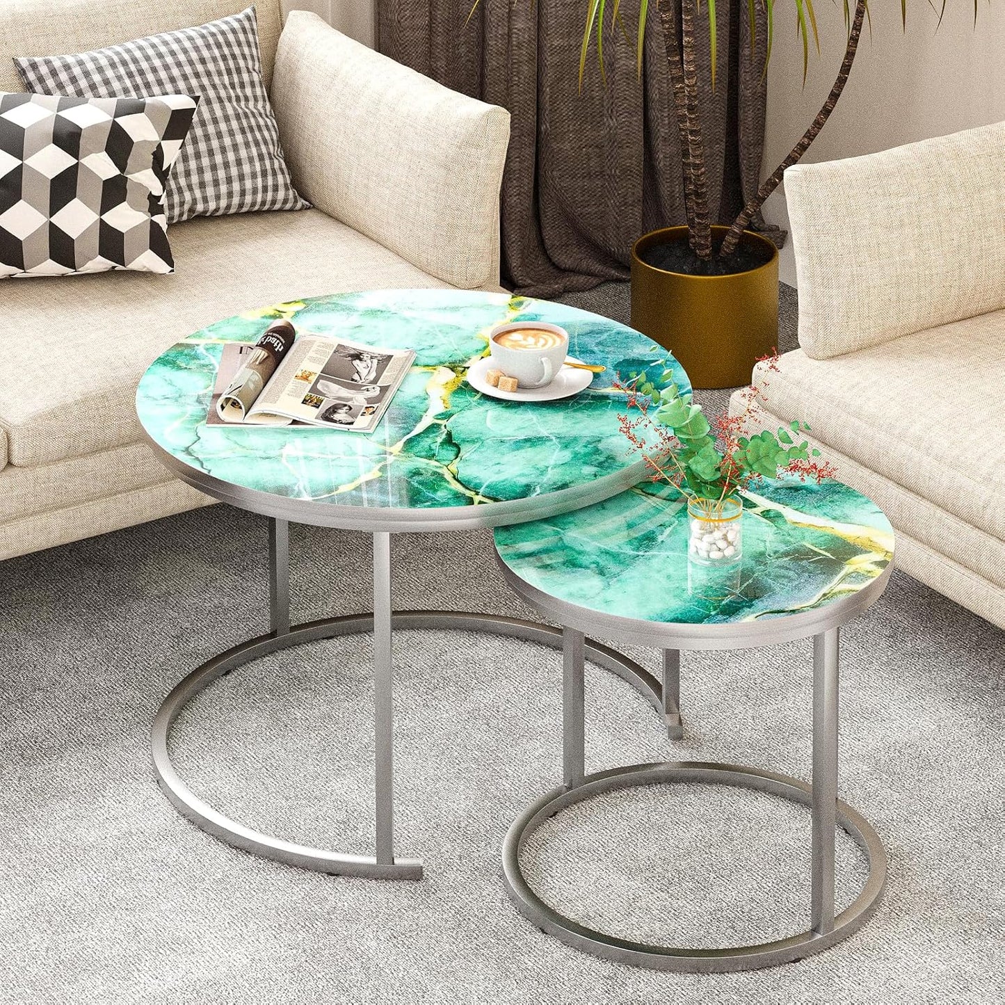 aboxoo Coffee Table Nesting Side Round Set of 2 End Table Green Art Table Top Sturdy Metal Frame Desk Centerpiece Living Room Bedroom Apartment Modern Industrial Simple Nightstand