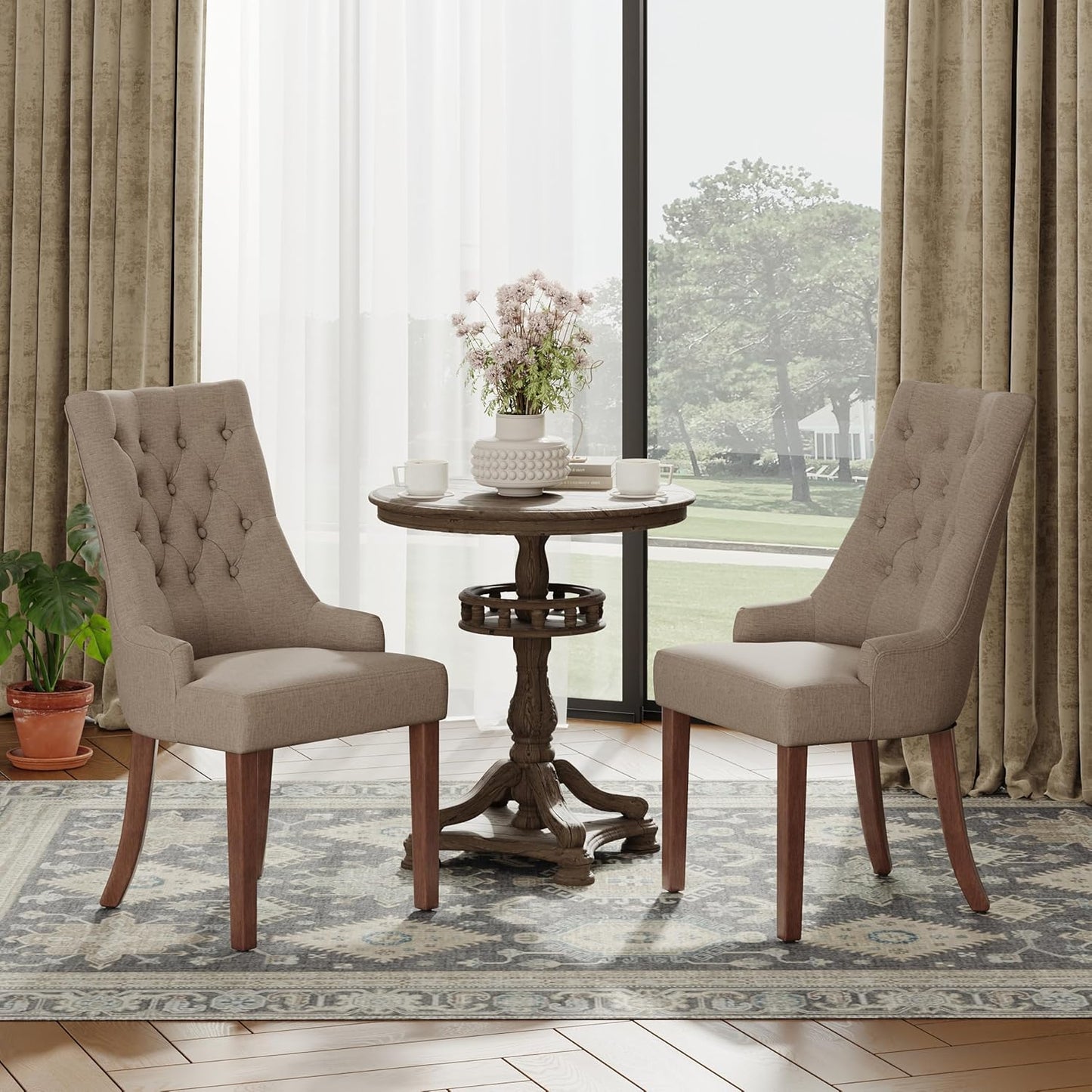 COLAMY Wingback Upholstered Dining Chairs Set of 2, Fabric Side Dining Room Chairs with Tufted Button, Living Room Chairs for Home Kitchen, Taupe