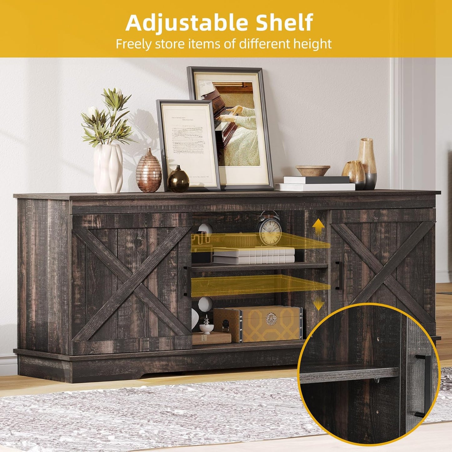 DWVO Farmhouse TV Stands for Living Room, Entertainment Center with Storage, TV Stand for 65 Inch TV with Double Barn Doors & Storage Cabinets, Rustic TV Cabinet Media Console, Dark Oak