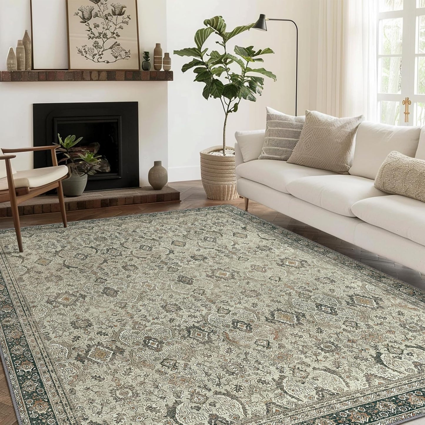 8X10 Area Rugs Machine Washable Rugs for Living Room, Vintage Boho Large Rugs for Bedroom Dining Room, Non Slip Indoor Soft Distressed Lightweight Thin Low Pile Carpet, Tan