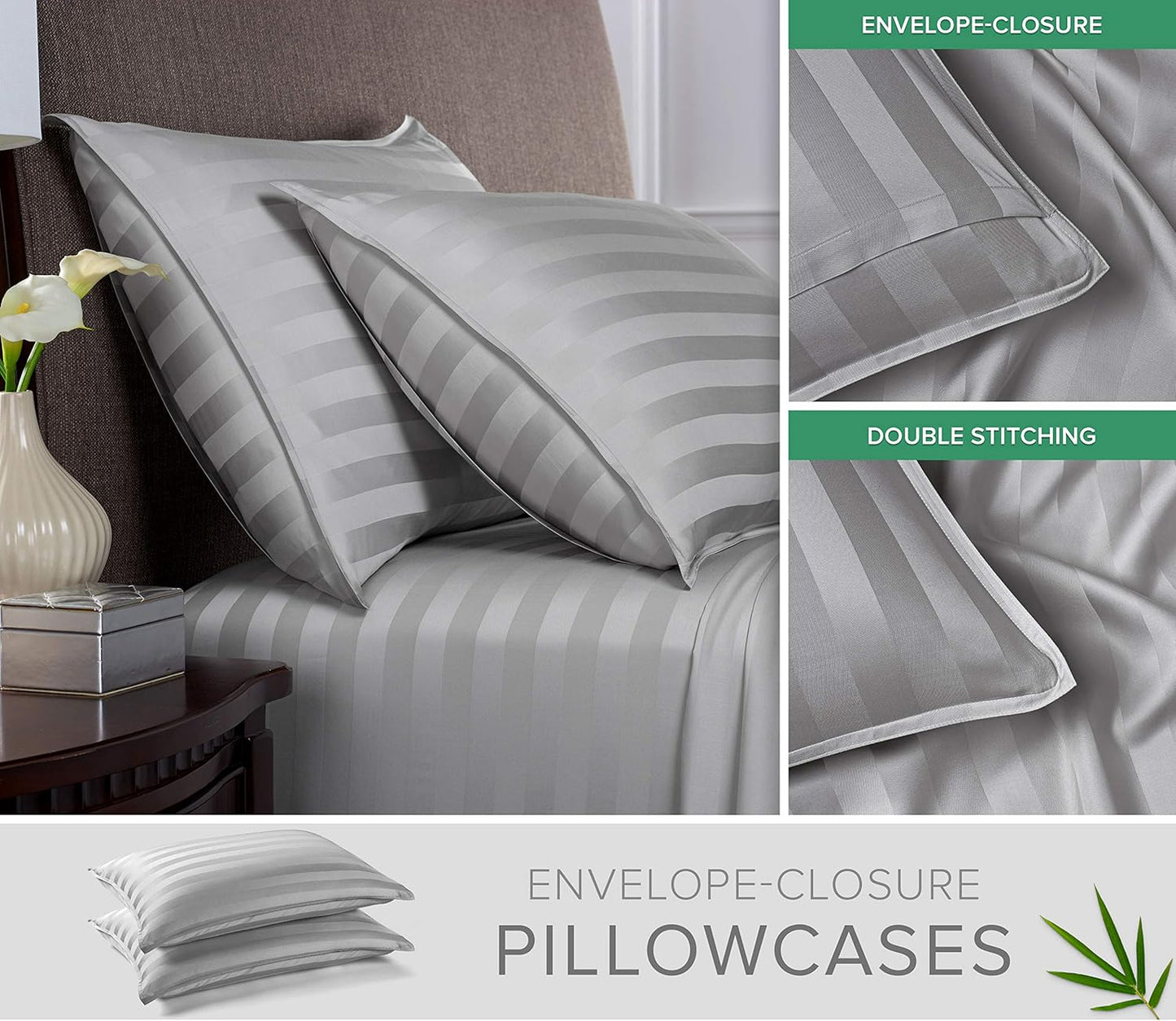 Queen Sheets by Pure Bamboo, Genuine 100% Organic Viscose Derived from Bamboo Bed Sheet Set, Luxuriously Soft & Cooling, Double Stitching, Lifetime Quality Promise (Queen, Jacquard Silver)