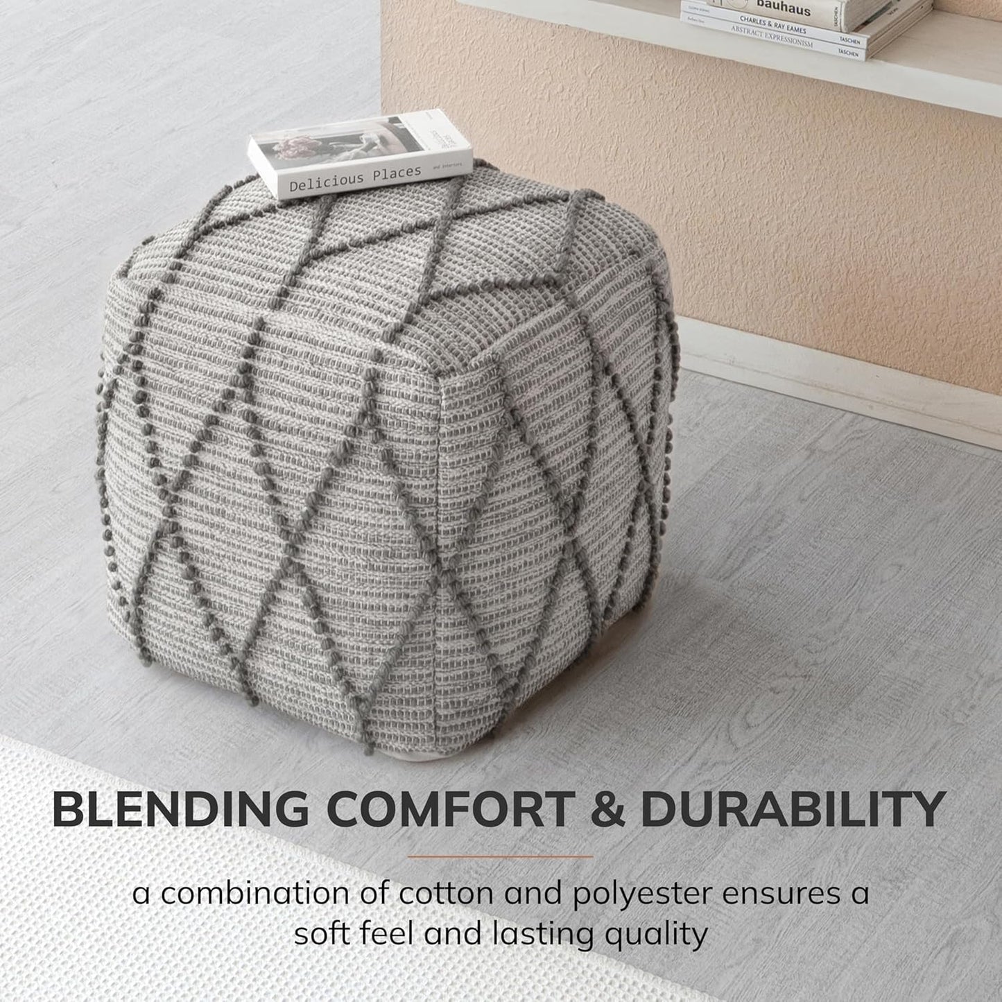 Anji Mountain 100% Handmade & Handcrafted Comfortable Home Décor Pouf Ottoman Footrest for Living Room, Bedroom, Nursery, Kidsroom, Patio Furniture - (19" x 19" x 17"- Warm Gray)