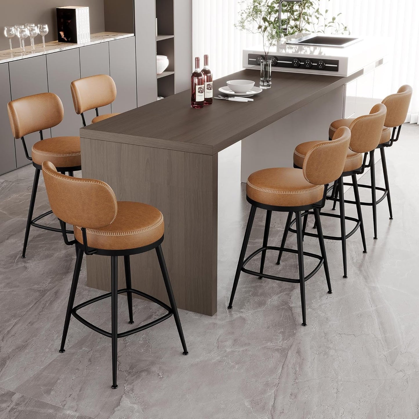 Counter Height Bar Stools, 26" H Swivel Barstools Set of 6, Faux Leather Kitchen Counter Stools with Back and Stylish Stitching, Metal Frame, Pub, Home Bar, Whisky Brown