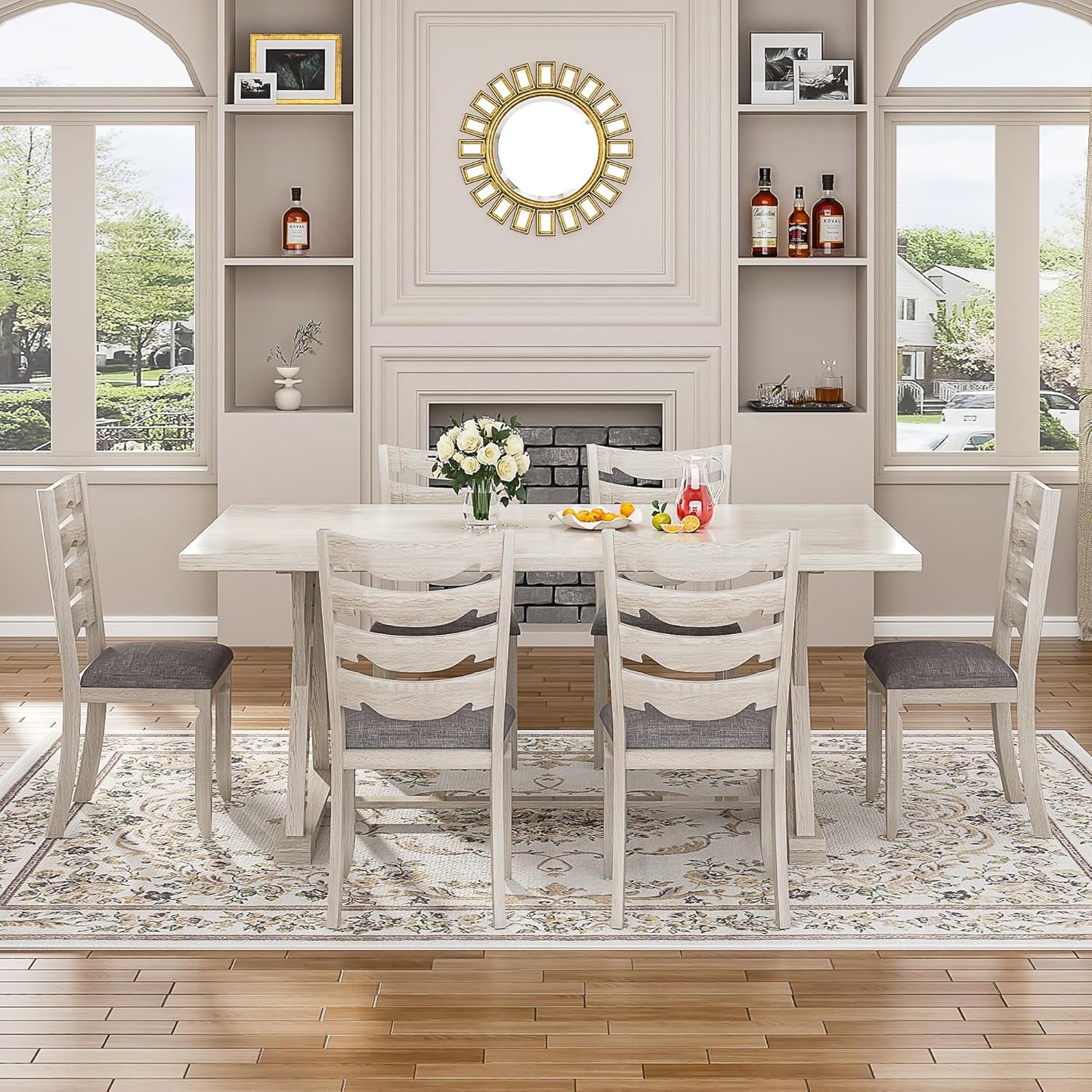 7-Piece Solid Wood Dining Table Set with 6 Upholstered Chairs - Modern Design for Kitchen & Small Spaces, for Dining Room, Kitchen, Washed Gray