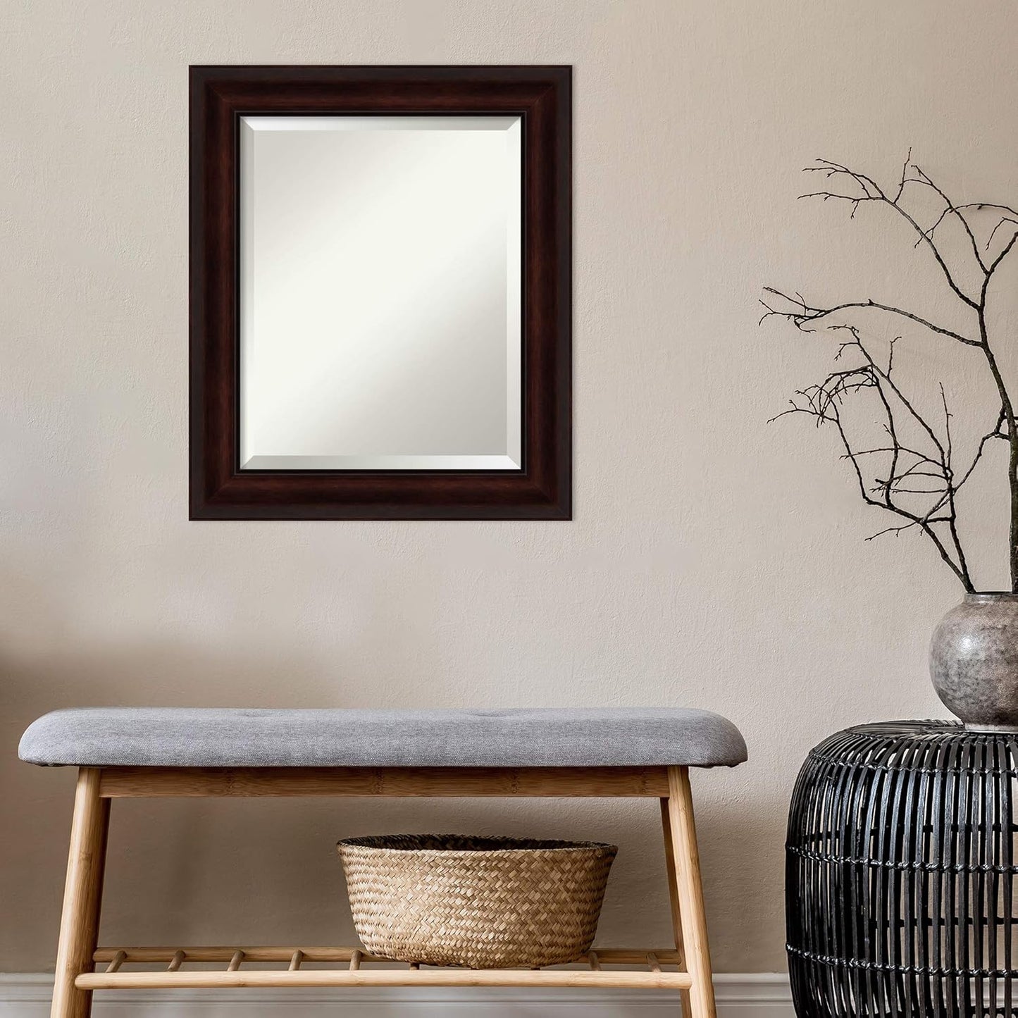 Amanti Art Brown Bathroom Mirror for Over Sink, 25x21 Coffee Bean Brown Rectangle Vanity Mirror, Small Casual Frame, Hangs Horizonally and Vertically, Bathroom Wall Decor, Beveled Edge from WI, USA