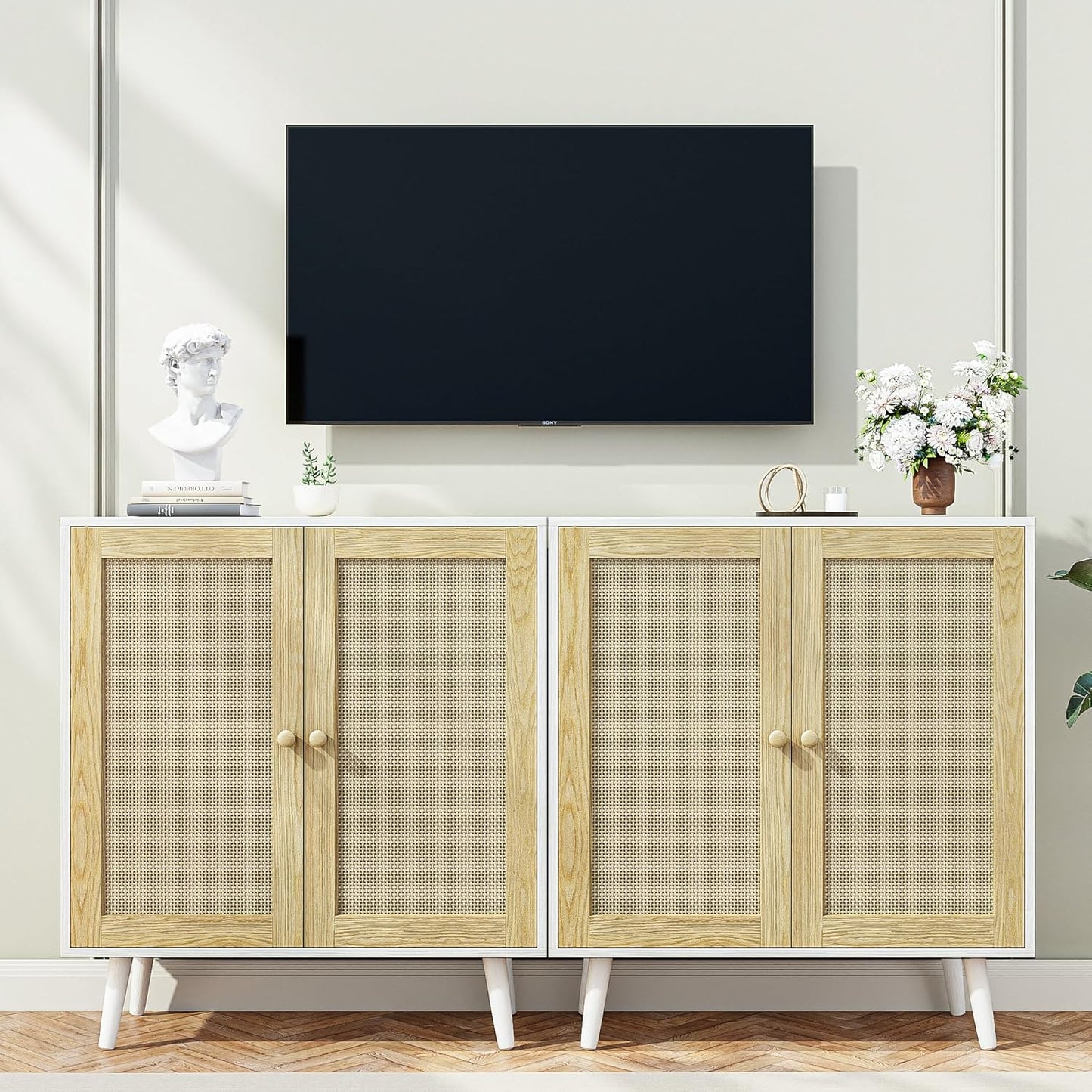 Rattan Storage Cabinet, Small Sideboard Buffets Storage Cabinet with Doors for Kitchen & Entryway Storage, White