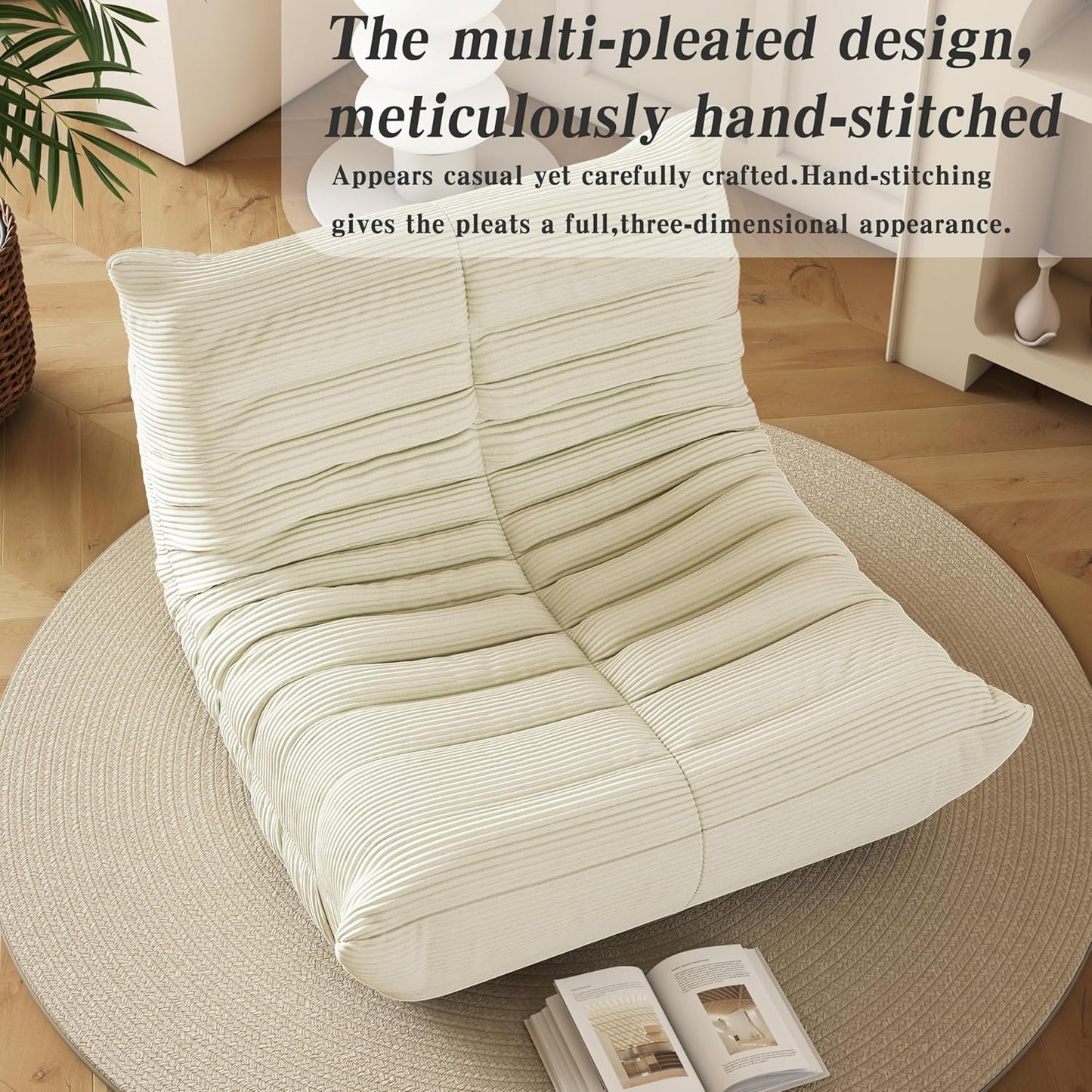 Bean Bag Chair, Lazy Floor Sofa Couch for Adults and Kids, Fireside Chair with Ergonomic Design, Memory Foam Lounge Chair for Living Room Bedroom, Office, Beige