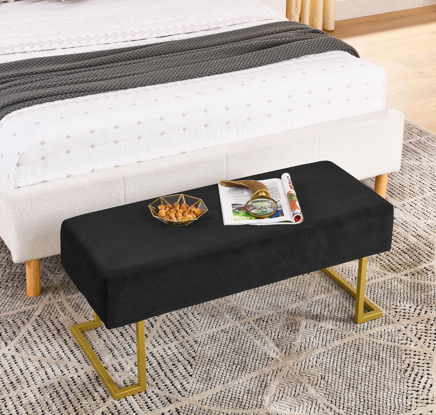 Modern Style Bedroom Double Seat Bench, Cushioned Bed end Stool, Living Room Sofa Stool, Footstool with Golden Iron Legs, Suitable for Bedroom and Living Room (Black, 39.37"x15.74"X16.53")