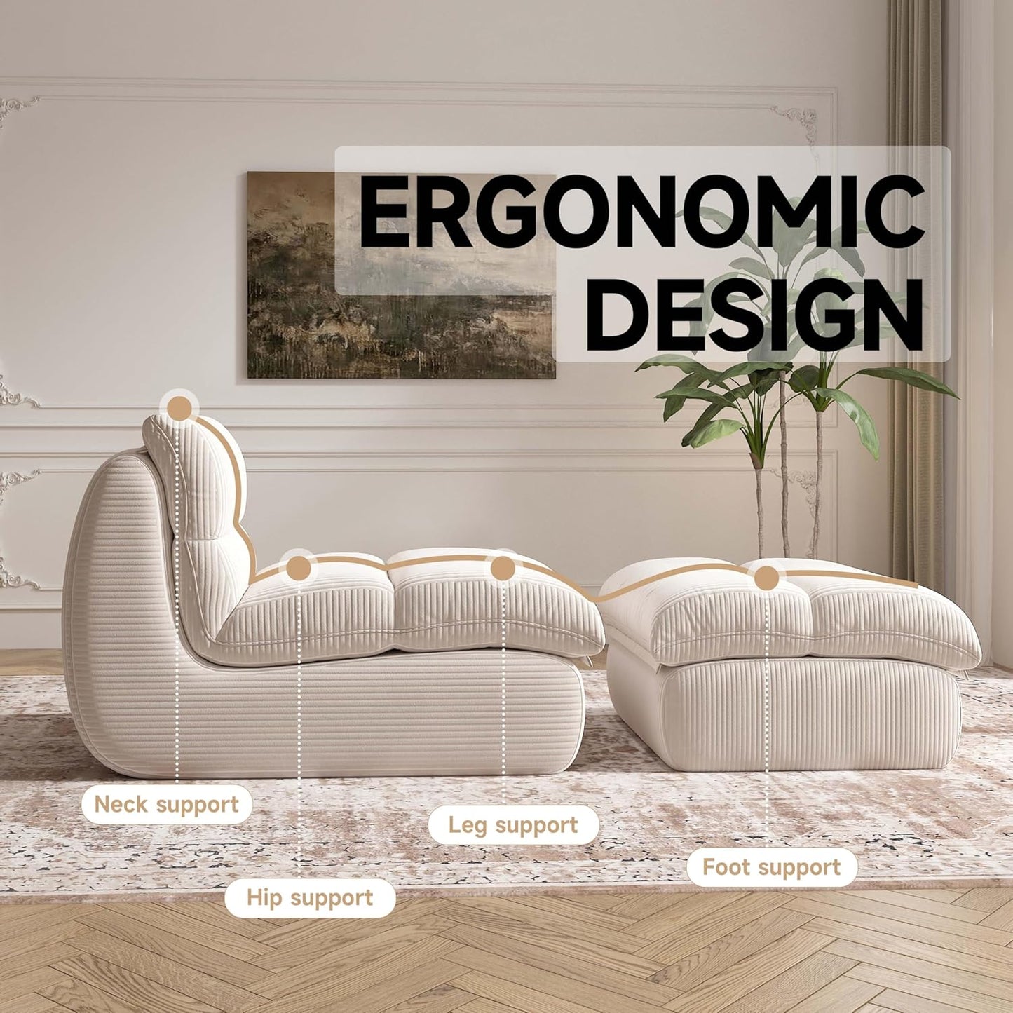 Bean Bag Chair with Ottoman, Cozy Comfy Reading Nook Chairs, Ultra Soft Corduroy Fabric Bean Bag Chairs for Adults, Reading Chair with Ottoman for Living Room, Bedroom Apartment (Beige)