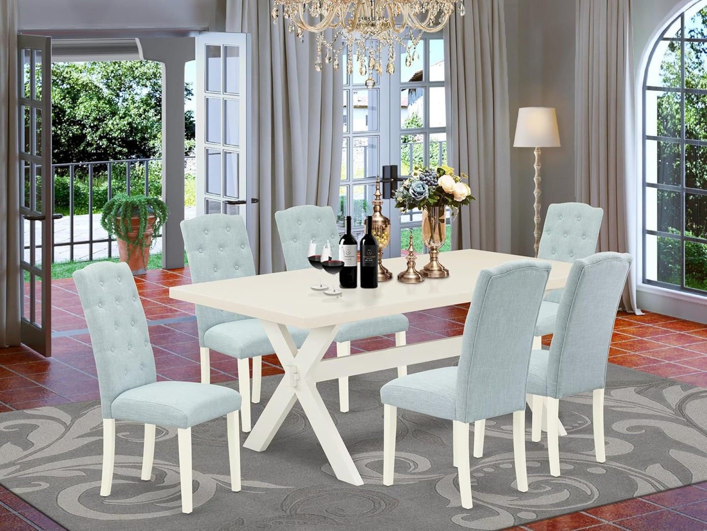 East West Furniture X027CE215-7 7 Piece Dining Room Table Set Consist of a Rectangle Kitchen Table with X-Legs and 6 Baby Blue Linen Fabric Parson Dining Chairs, 40x72 Inch, Multi-Color