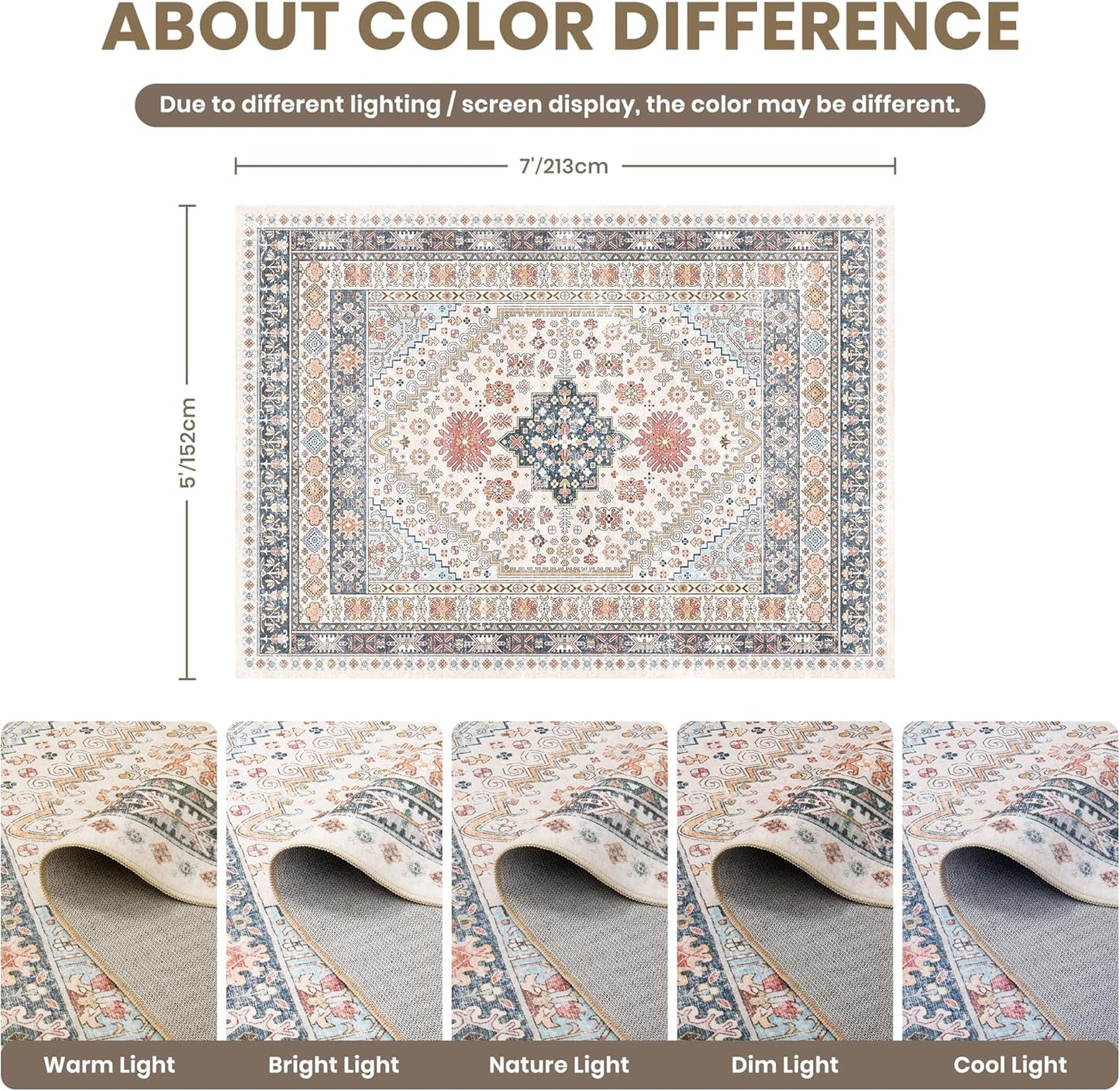 zesthome 5x7 Area Rugs - Ultra-Thin Washble Rug, Stain Resistant Anti Slip Backing Rugs for Living Room,Bedroom, Vintage Home Decor Area Rug (Multi,5'x7')