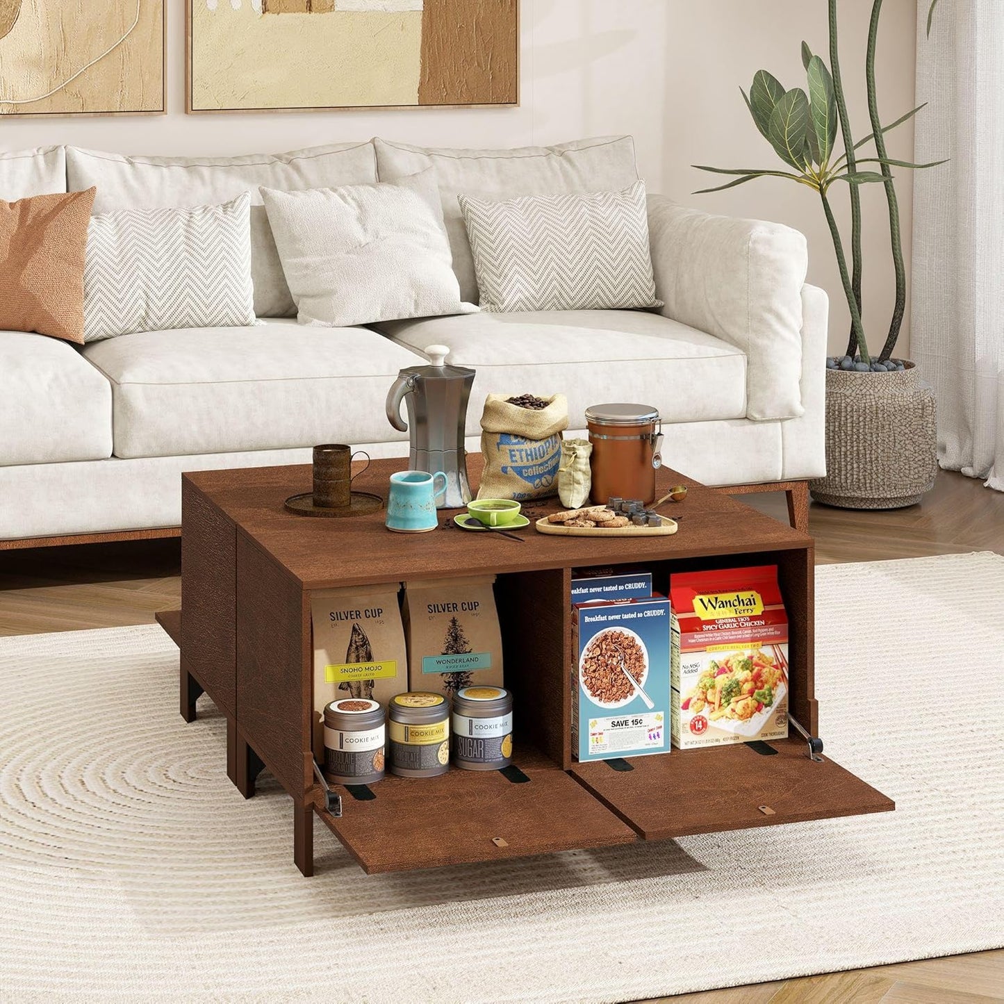 Sebastack Coffee Table, Expandable Entertainment Center and Media Console with Storage and Drawer,Wooden Furniture for Living Room, Bedroom，31 inch Width Walnut Color