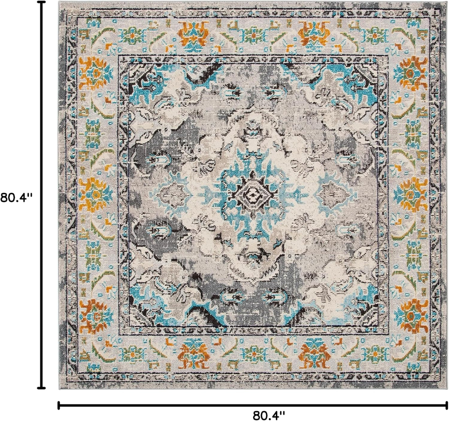 SAFAVIEH Monaco Collection Area Rug - 6'7" Square, Grey & Light Blue, Boho Chic Medallion Distressed Design, Non-Shedding & Easy Care, Ideal for High Traffic Areas in Living Room, Bedroom (MNC243G)
