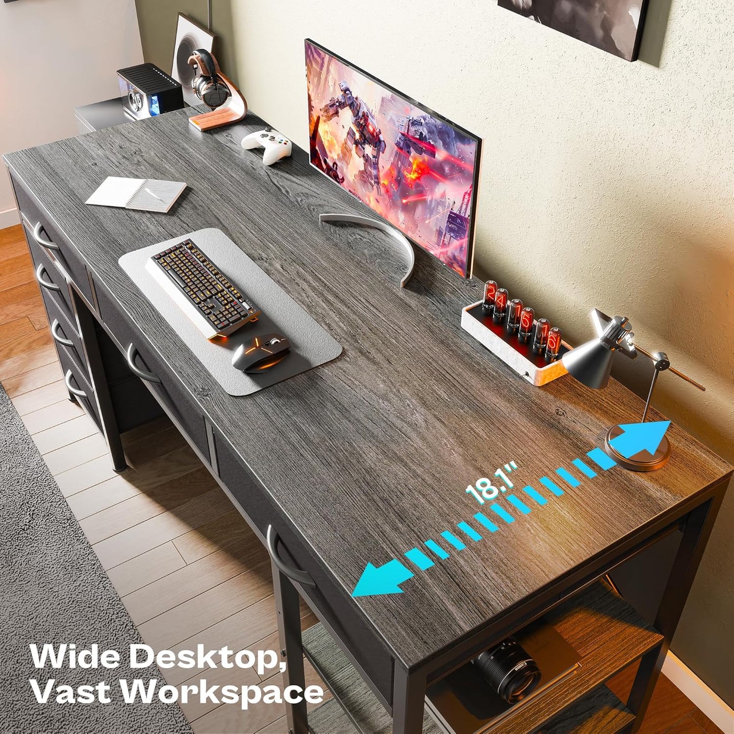 Huuger Computer Desk with 6 Drawers, 47 Inch Office Desk with Shelves, Reversible Gaming Desk, Corner Desk with Storage, Work for Home Office, Study, Living Room, Gray