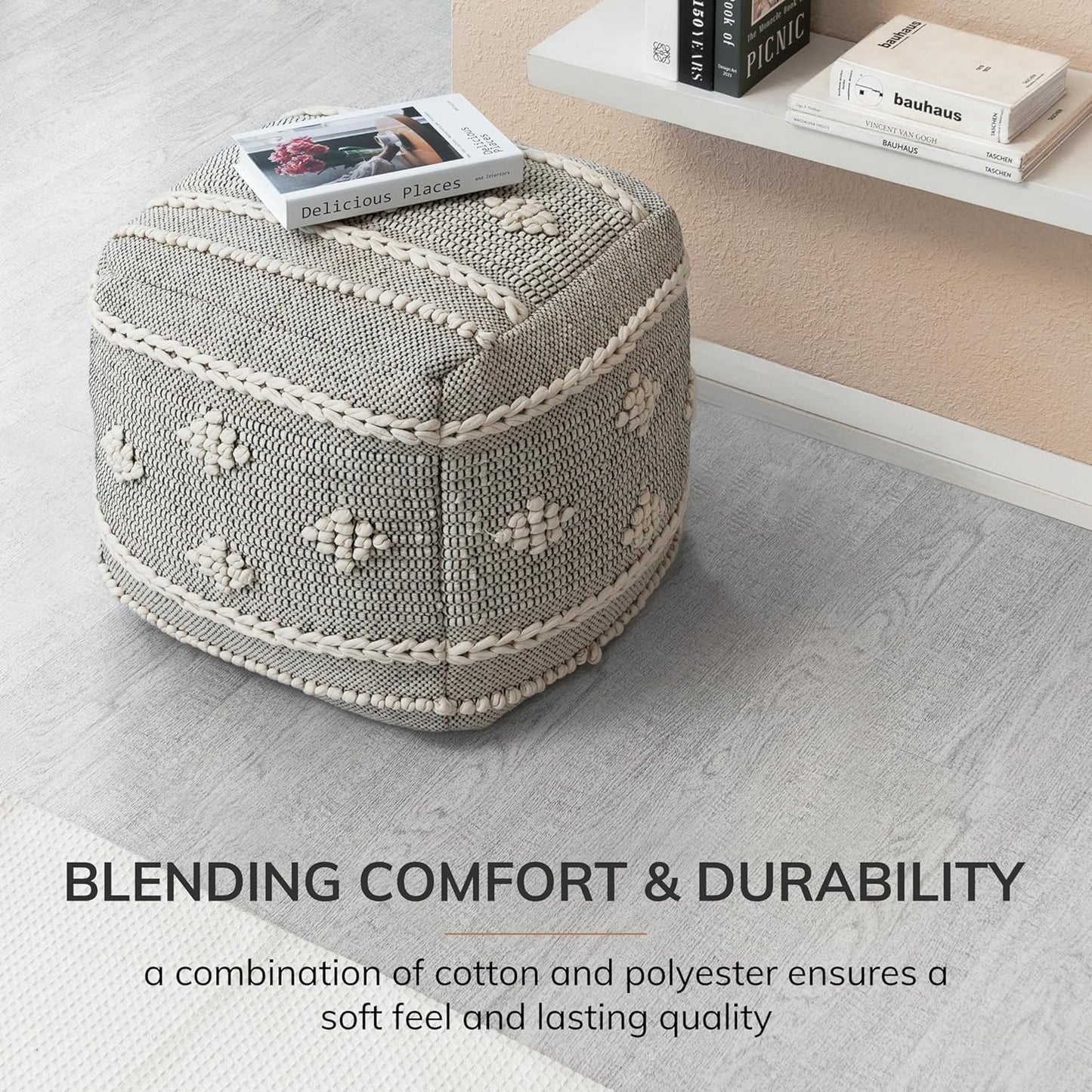 Anji Mountain 100% Handmade & Handcrafted Comfortable Home Décor Pouf Ottoman Footrest for Living Room, Bedroom, Nursery, Kidsroom, Patio Furniture - (20" x 20" x 20"- Black,Ivory)