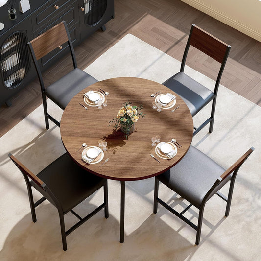 Pamapic Round Dining Table Set for 4, Kitchen Table and Chairs for 4, Dining Room Circle Dinner Pedestal Table, Solid Metal Frame,Space Saving Wood Kitchen & Dining Room Furniture,Walnut