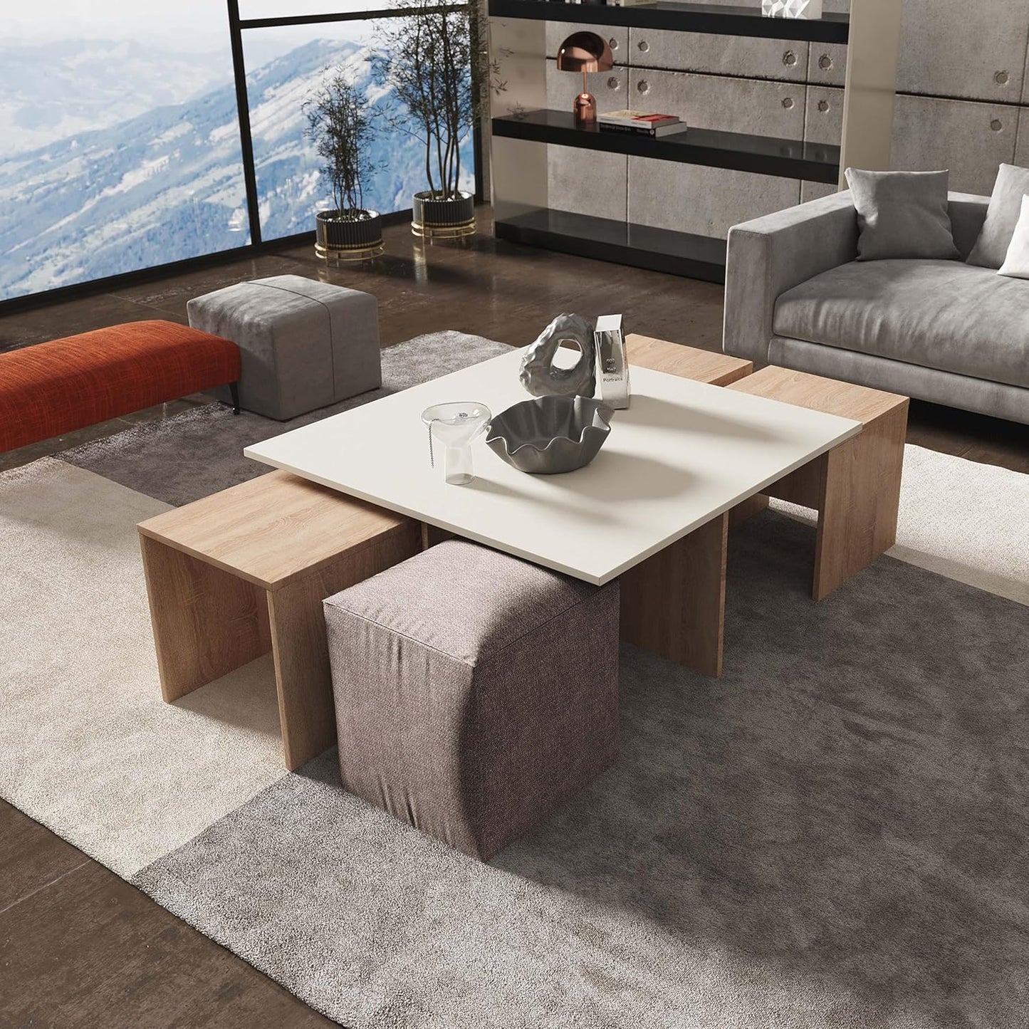 Manhattan Comfort Haley Mid Century Modern Coffee Table & Ottoman Set with Nested Design for Small Spaces, Versatile Living Room Furniture, Accent Decor, Natural and Nude