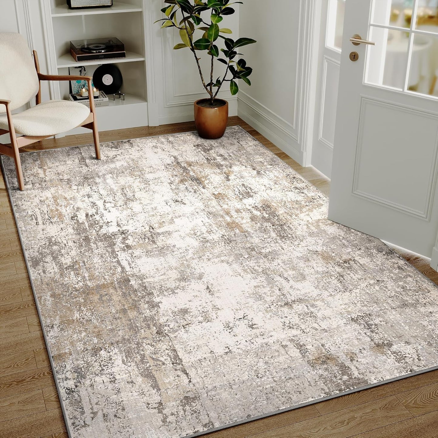 3x4 Washable Area Rug Brown Grey Neutral Abstract Entryway Kitchen Non Slip Low Pile Throw Rug Living Room Bedroom Indoor Doormat Small Soft Carpet for Entrance Bathroom