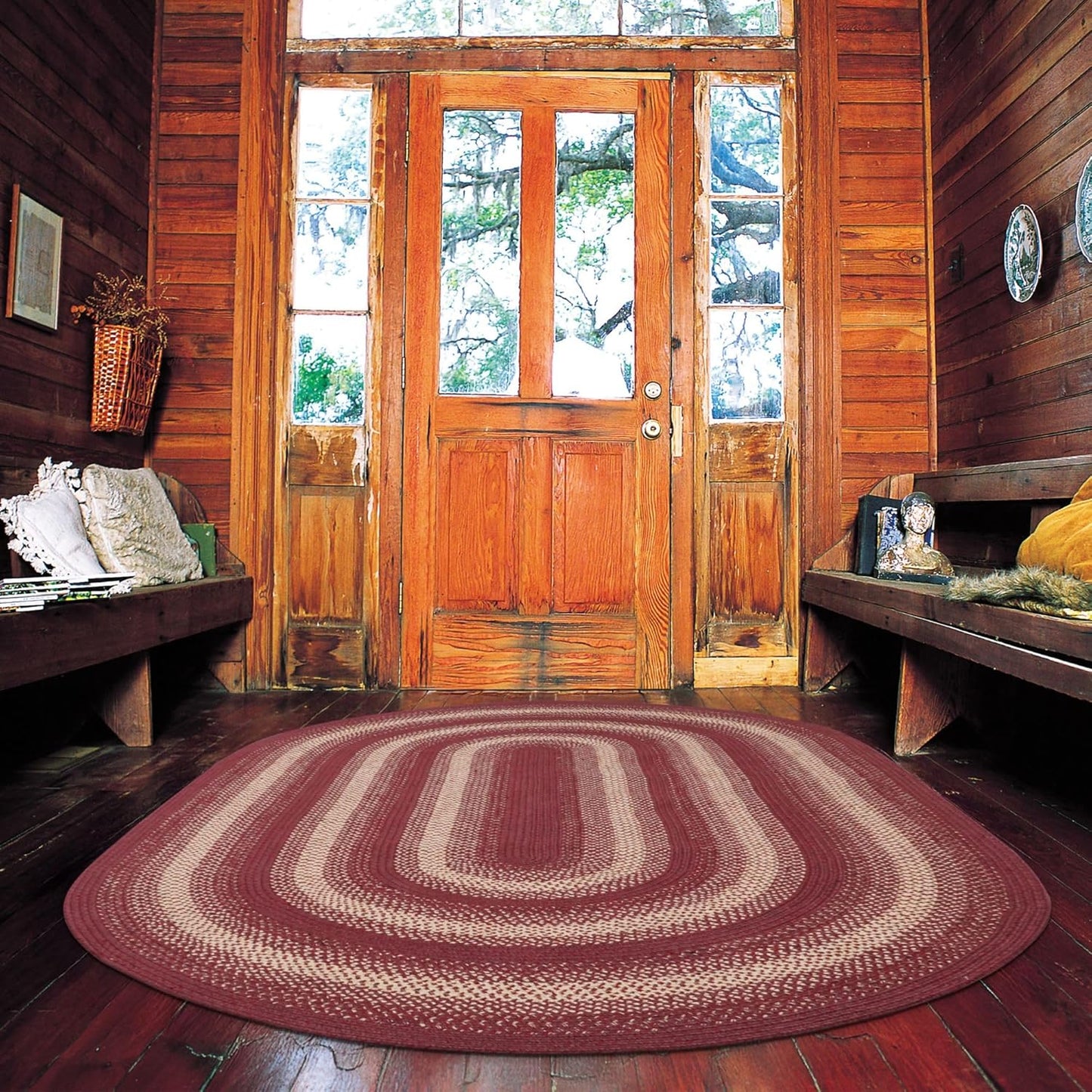 Autumn Maple Burgundy and Tan Braided Oval Rug, Jute, 4x6' - Rustic Primitive Decor for Entryway, Bedroom, Everywhere