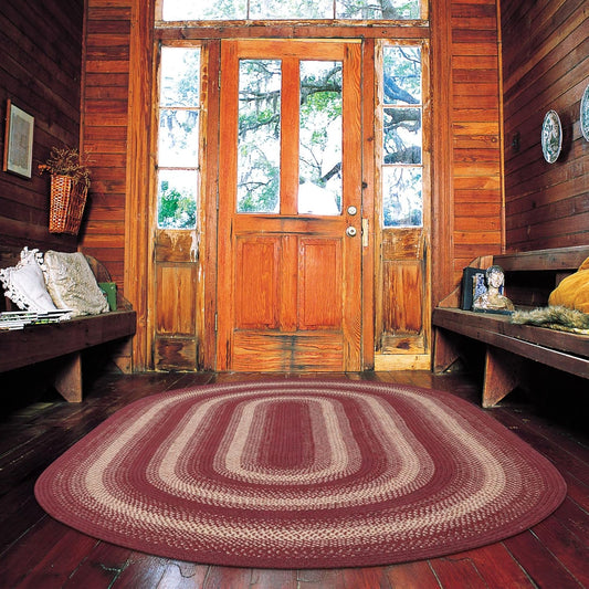 Autumn Maple Burgundy and Tan Braided Oval Rug, Jute, 4x6' - Rustic Primitive Decor for Entryway, Bedroom, Everywhere