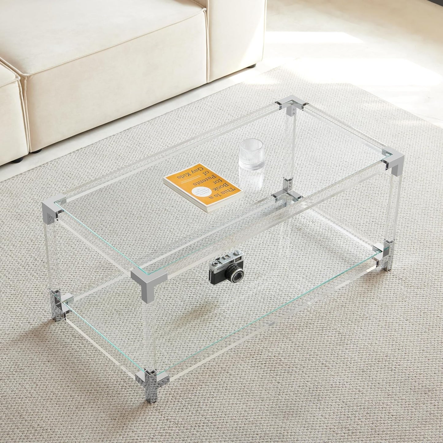 Saint Mossi 202302CR Glass Coffee Table, Double Layer Glass Coffee Table for Living Space, L41 x W21 x H16, Clear Glass Top, Clear Acrylic Leg & Chrome Frame