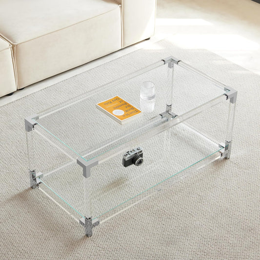 Saint Mossi 202302CR Glass Coffee Table, Double Layer Glass Coffee Table for Living Space, L41 x W21 x H16, Clear Glass Top, Clear Acrylic Leg & Chrome Frame