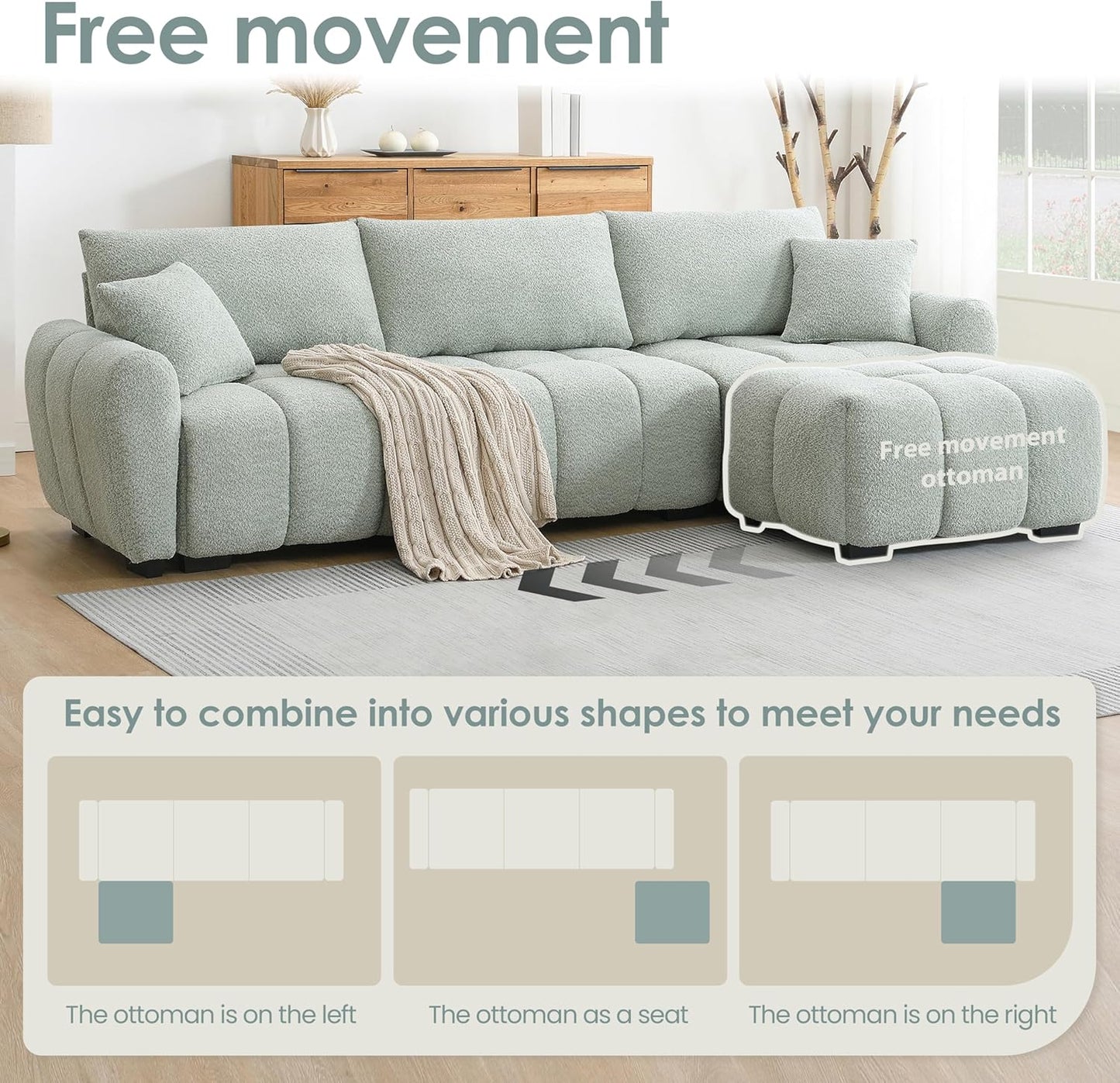 Ball & Cast Modular Sectional Sofa W/Movable Ottoman and 2 Lumbar Pillows,4 Seater L Shaped Couch W/Deep Seat&Pull-line Design,Boucle Fabric Upholstered Sofa for Living Room,Apartment,Light Green,110"