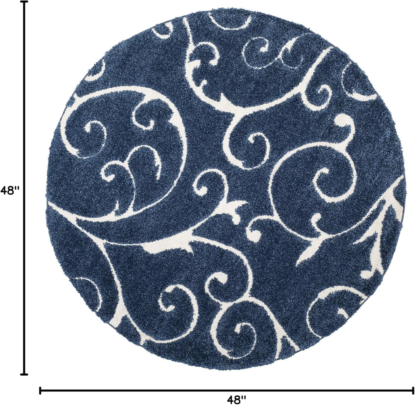 SAFAVIEH Florida Shag Collection Area Rug - 4' Round, Dark Blue & Cream, Scroll Design, Non-Shedding & Easy Care, 1.2-inch Thick Ideal for High Traffic Areas in Living Room, Bedroom (SG455-6511)