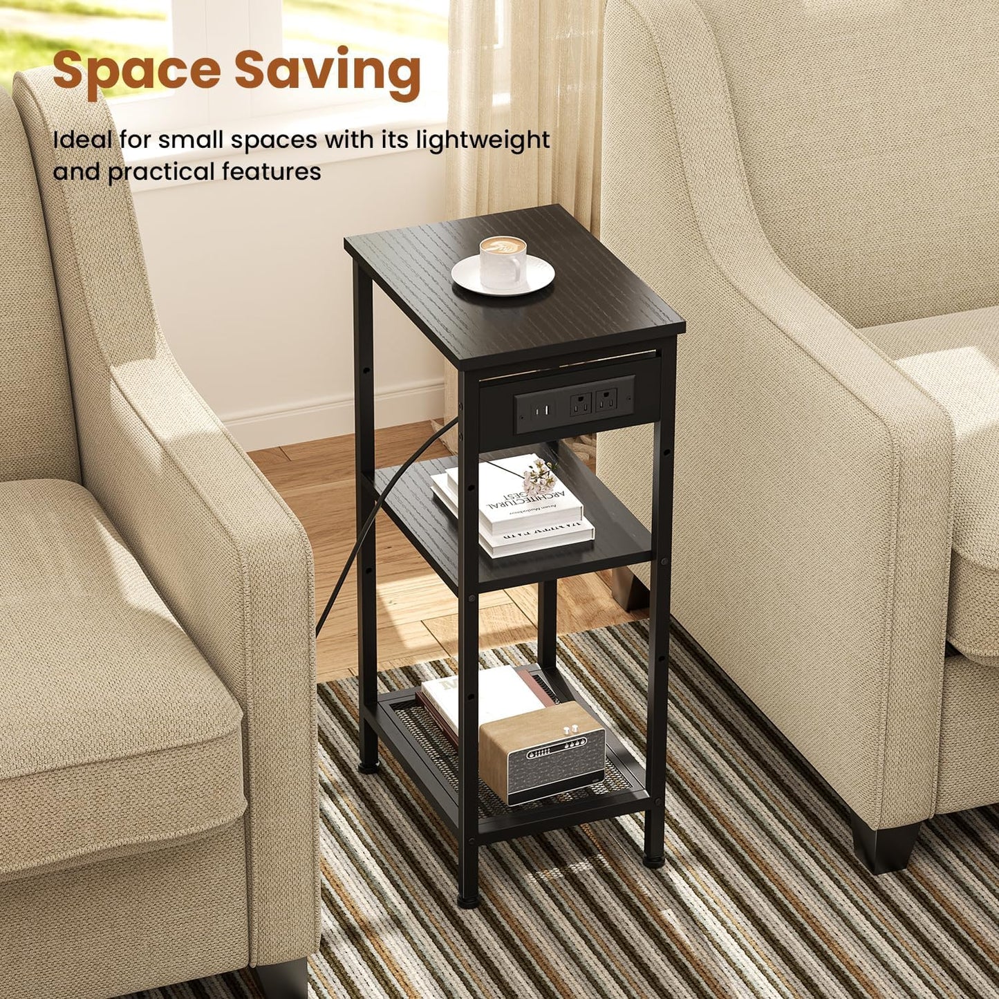 Tall End Table with Fast Charging Station, 3 Tier Narrow Side Table with Outlets and USB Ports & Type-C, Tall Nightstand with Storage, Bedside Table Stand for Living Room, Bedroom, Black