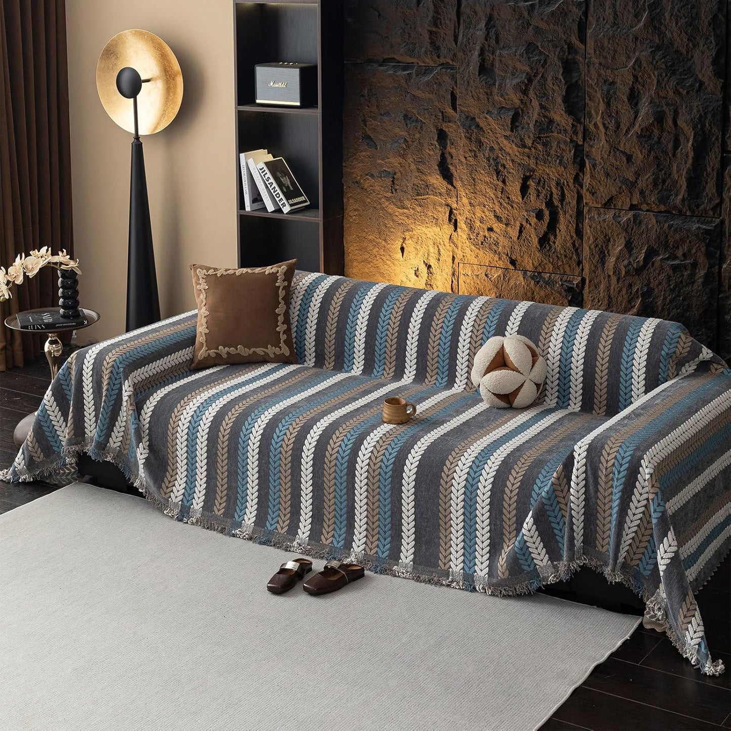 STACYPIK Boho Jacquard Leaves Sofa Cover, Blue Geometric Couch Cover for Dog, Washable Furniture Protector for 3 Cushion Couch, Non Slip Sectional Cover for Loveseat, L Shape Sofa Slipcovers-71X150IN